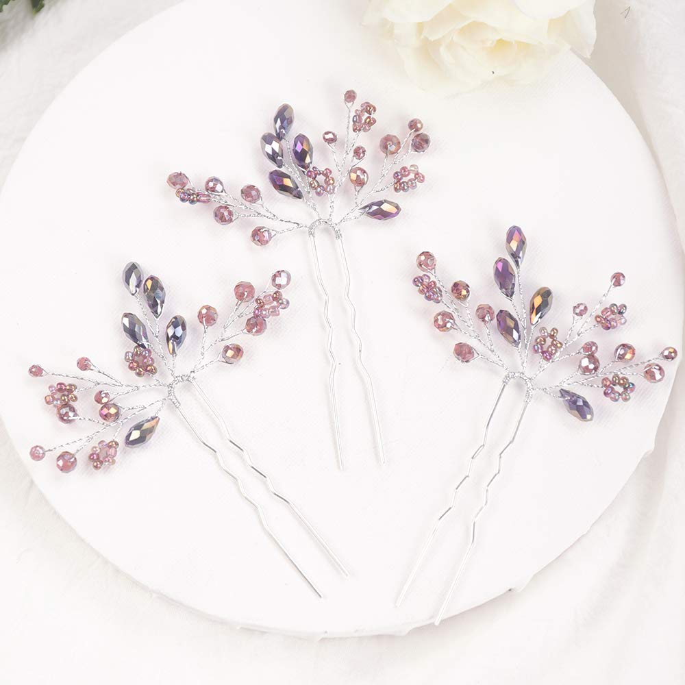 Kercisbeauty 2pcs Wedding Hair Pins - Crystal Bridal Hair Clips for Women, Bridesmaids & Girls - Elegant Purple Hair Accessories for Weddings, Prom & Special Occasions