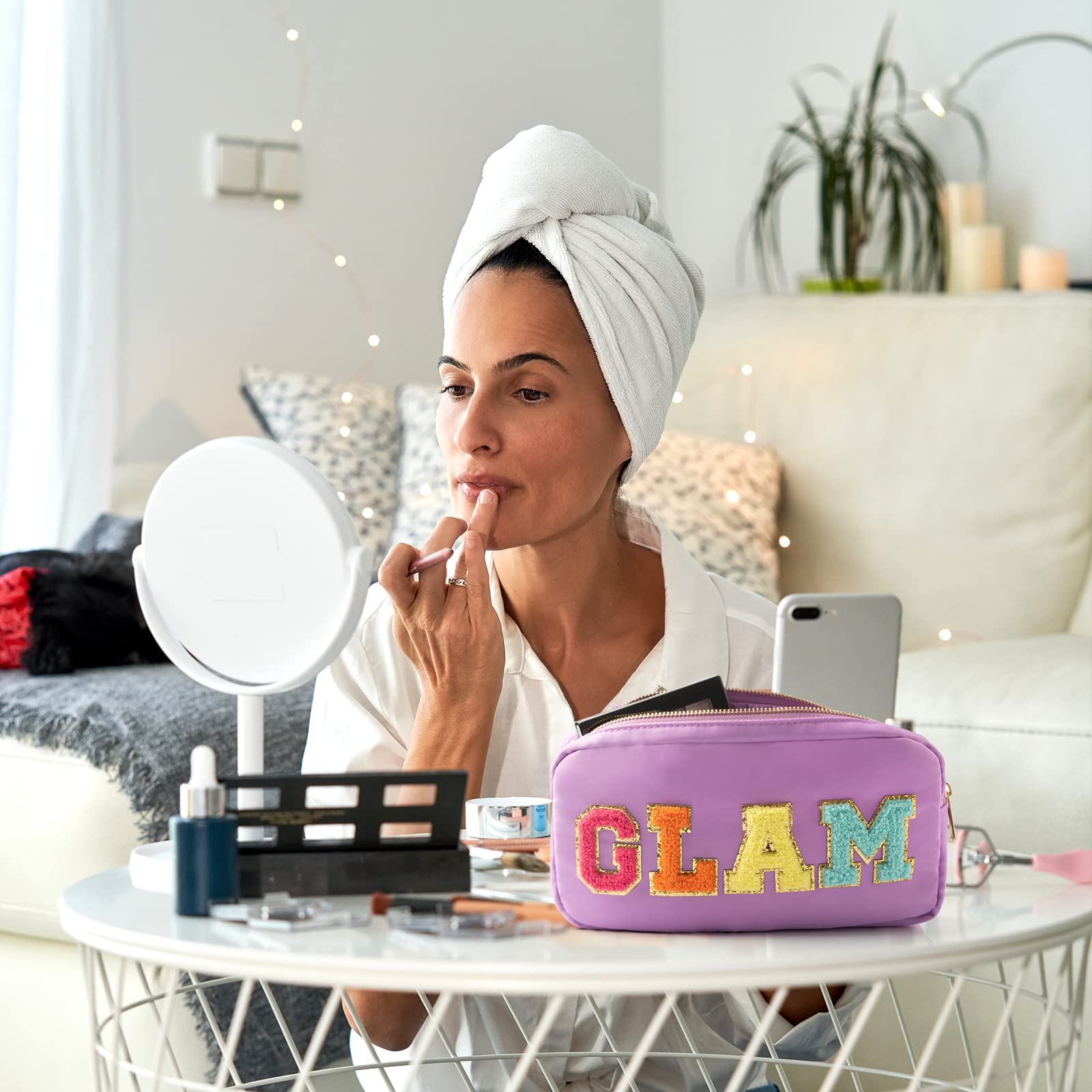 Soft Chenille Alphabet Makeup Bag with Embroidered Design - Stylish Zippered Cosmetic Pouch for Women & Teens - Perfect Travel Organizer for Everyday Essentials, Birthday Gifts & Holiday Presents (Great for School, Gym & Weekend Getaways)