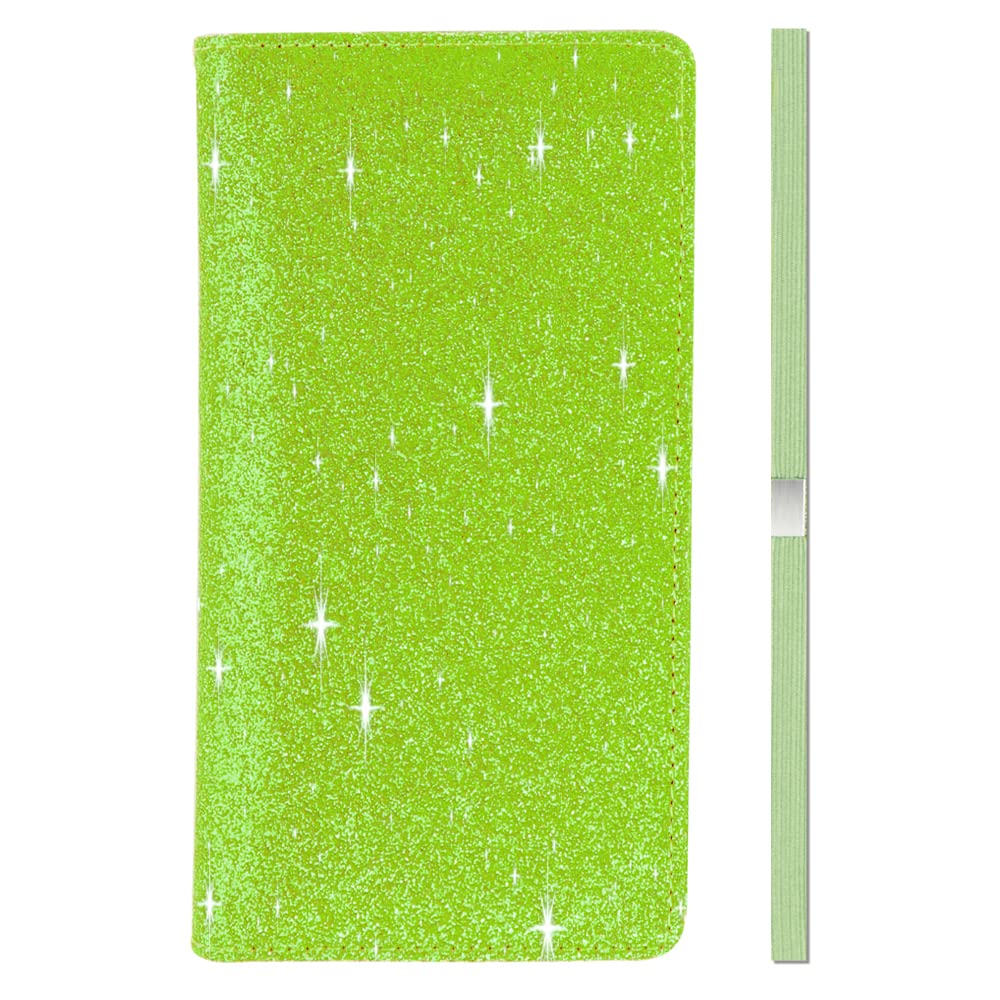 Sparkly Glitter Checkbook Cover for Women & Girls - Bling PU Leather RFID Blocking Checkbook Case with Pen Holder & Elastic Strap - Fits Top/Side Tear Checks - Green | Perfect for Gift, Office & Daily Finance Organization