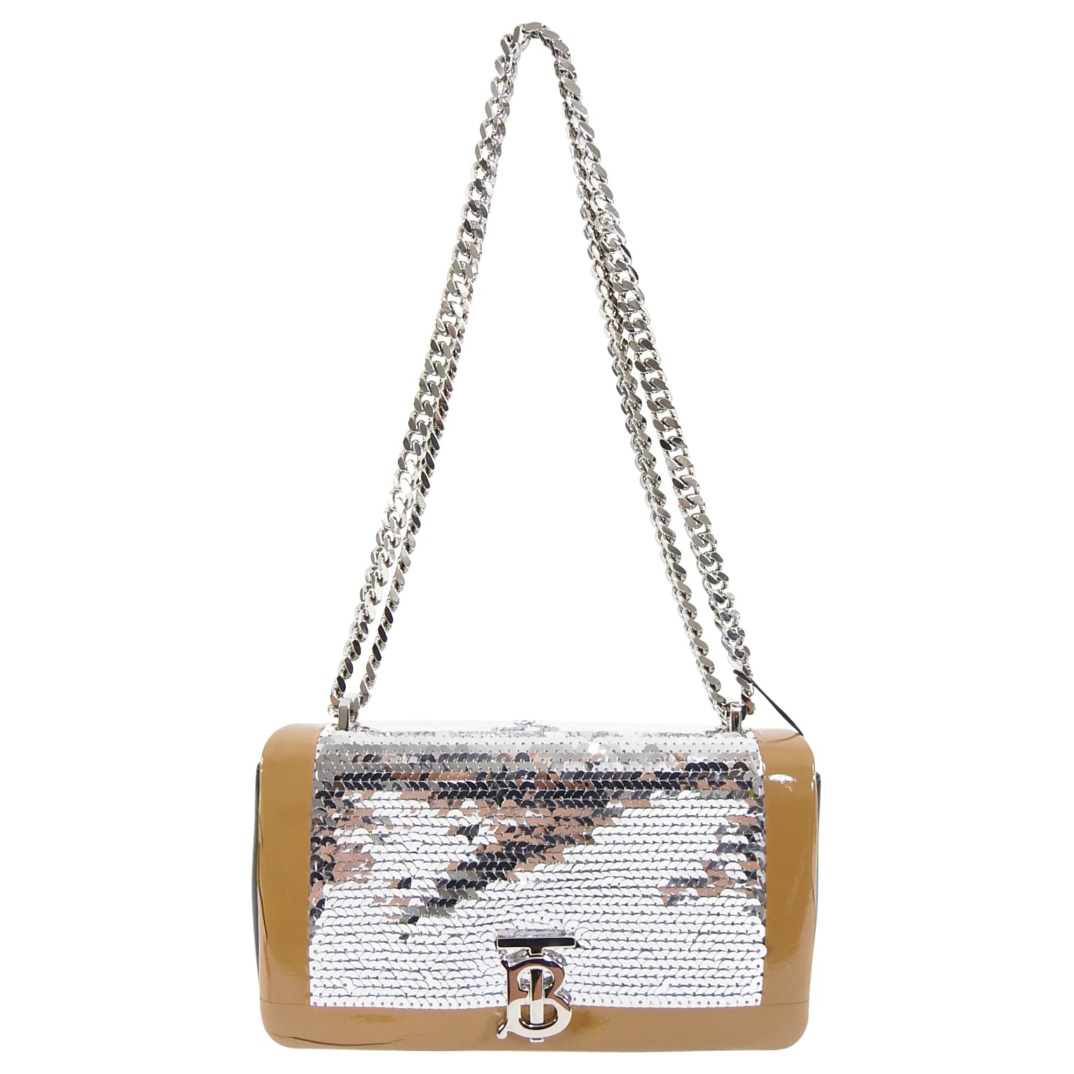 Burberry Small TB Silver Sequin Lola Chain Strap Crossbody Bag for Women | Luxury Designer Shoulder Purse | Perfect for Evening Parties, Date Night & Special Occasions
