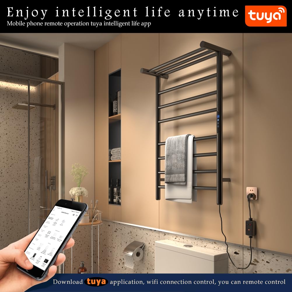Smart Heated Towel Rack with APP & Remote Control - 10 Bar Wall Mounted Electric Towel Warmer with Timer for Bathroom Spa (Matte Black) | Perfect for Luxury Bathrooms, Hotels & Home Saunas
