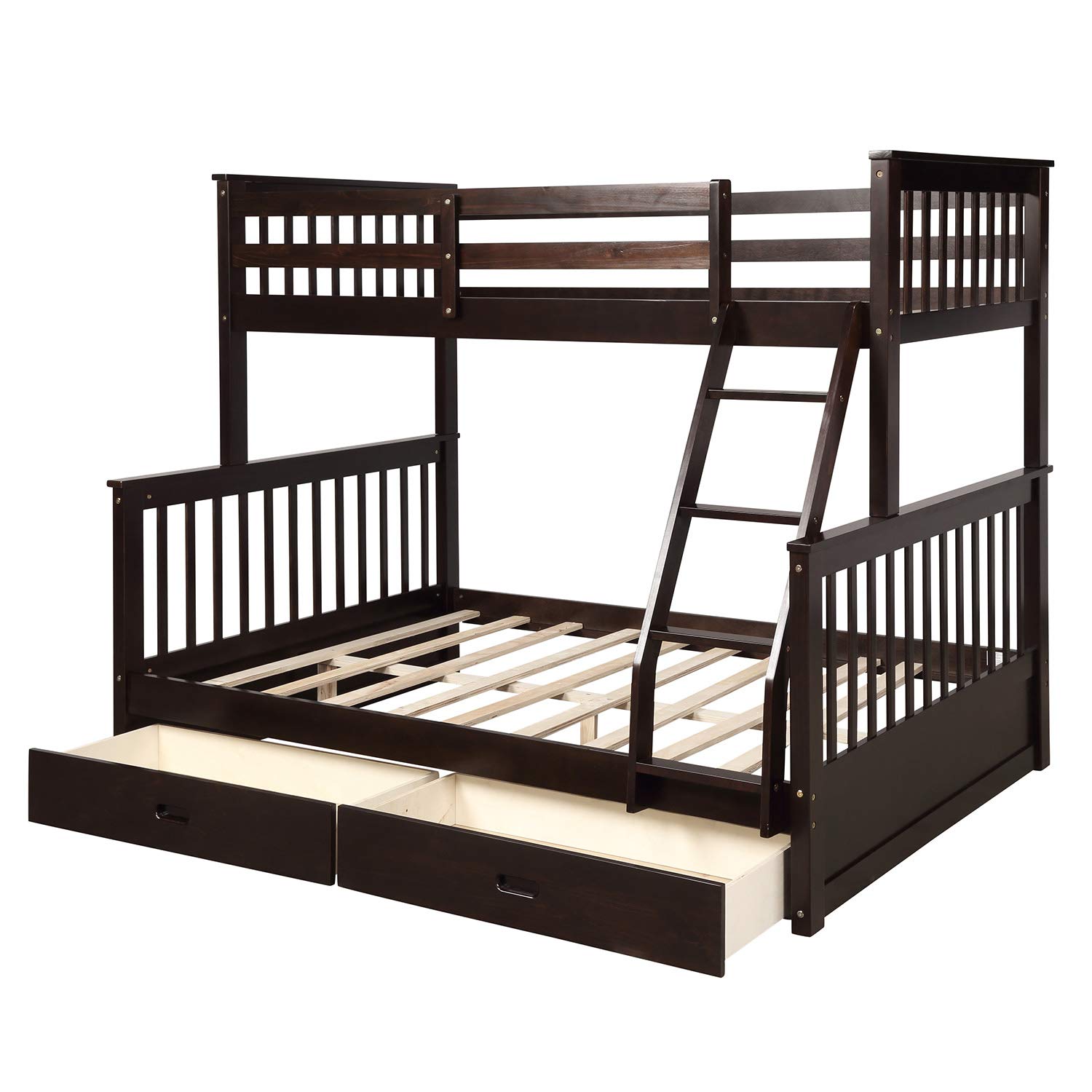 SOFTSEA Twin Over Full Bunk Bed with Ladder & 2 Storage Drawers - Sturdy Wooden Loft Bed Frame for Kids & Teens - Space-Saving Bedroom Furniture (Espresso) - Perfect for Small Rooms, Shared Kids' Bedrooms & Sleepovers