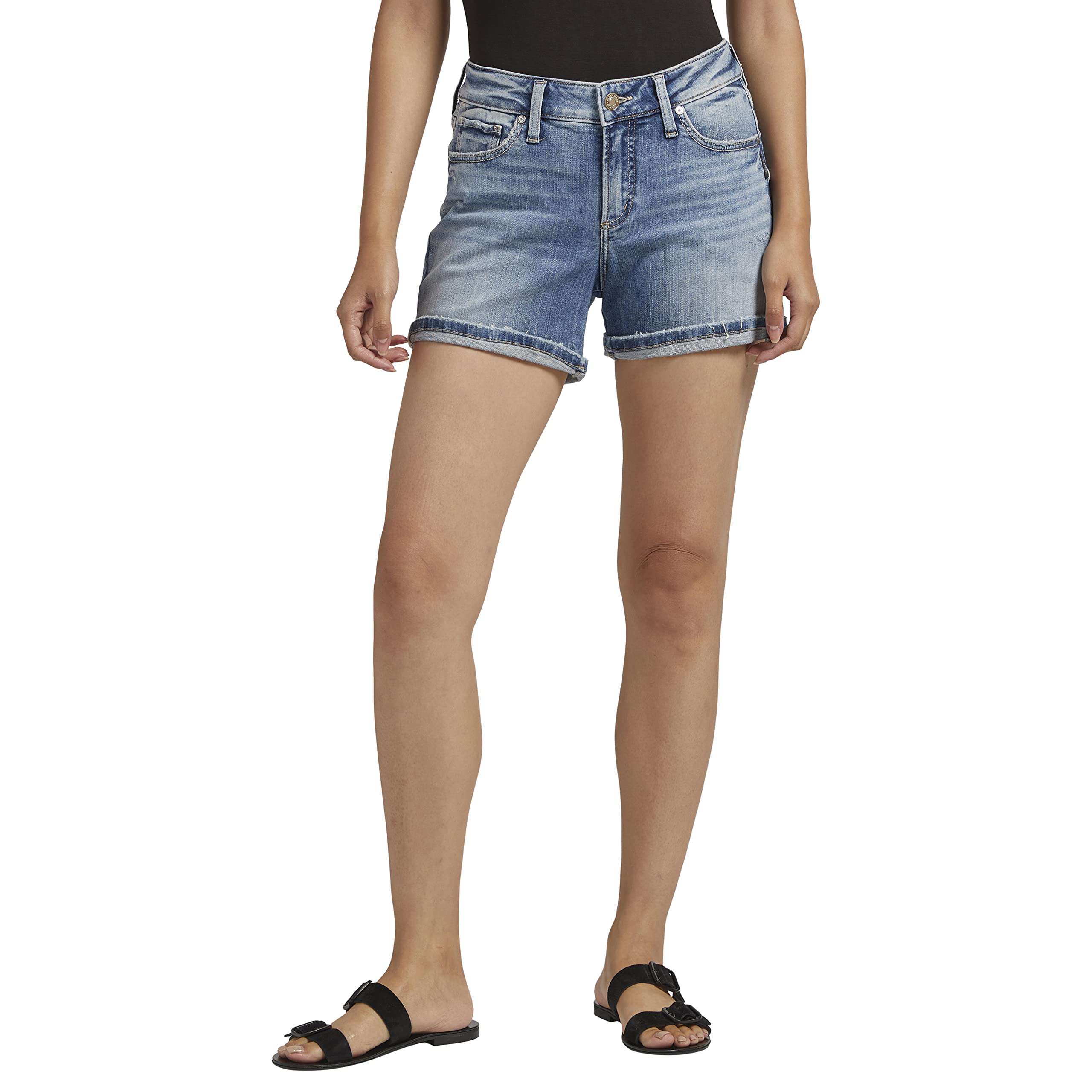 Silver Jeans Co. Women's Elyse Mid Rise Comfort Fit Shorts - Stretchy Denim Shorts for Women with Relaxed Fit | Perfect for Summer, Casual Outings & Beach Vacations