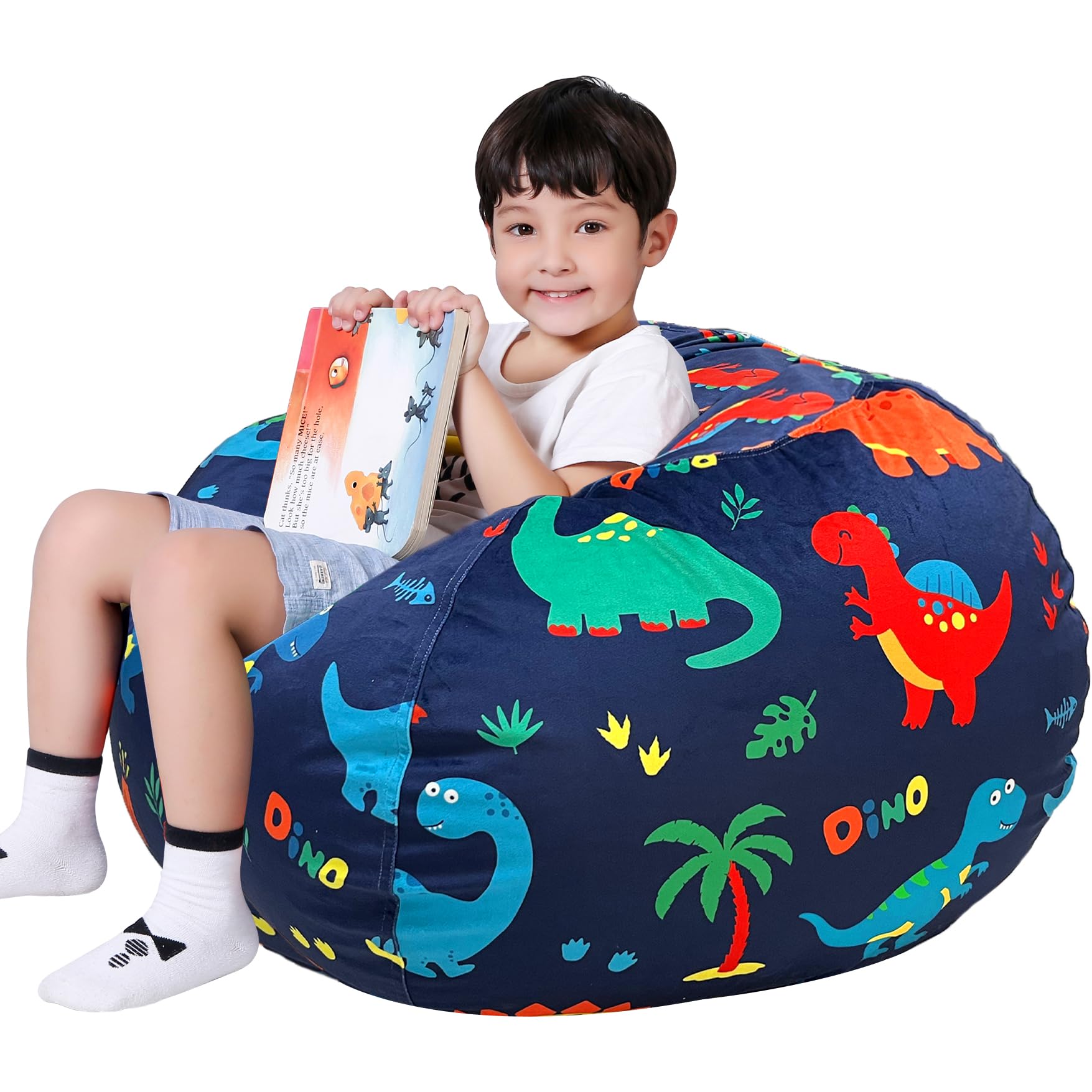 **Lukeight Large Dinosaur Navy Stuffed Animal Storage Bean Bag Chair Cover for Kids - Organize Toddler & Kids' Rooms with Plush Toy Storage - Perfect for Playrooms, Bedrooms & Daycare Centers**