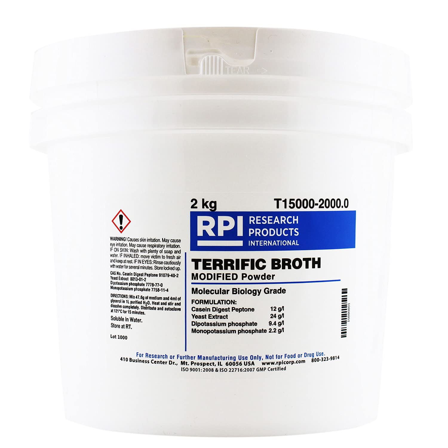 RPI T15000-2000.0 Modified Terrific Broth Powder - 2kg for Bacterial Culture & Molecular Biology Research | Lab-Grade Nutrient Medium