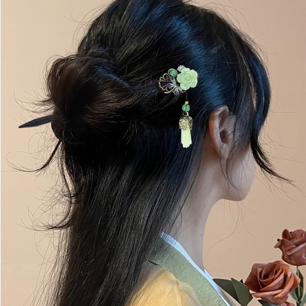 8Pcs Retro Chinese Hanfu Hair Sticks - Traditional Butterfly Flower Wooden Hairpins with Bead Pendants for Women & Girls | Vintage Bun Updo Holders for Weddings, Cosplay & Asian Fashion