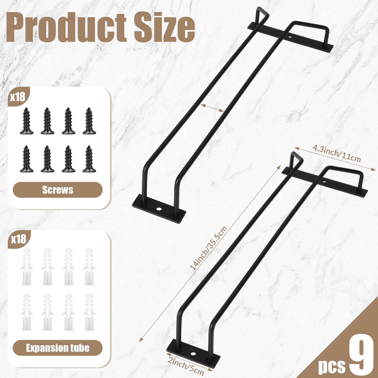 9 Pack 14 Inch Black Under Cabinet Wine Glass Rack - Heavy Duty Metal Stemware Holder for Kitchen, Bar & Pub - Space Saving Hanging Glass Storage Organizer (Perfect for Wine, Cocktail & Champagne Glasses)