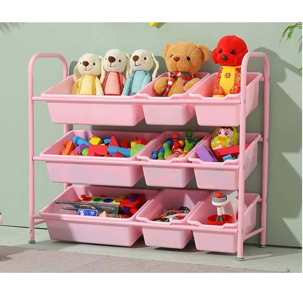 ADHW 3-Tier Iron Tube Toy Storage Organizer with 9 Removable Plastic Bins - Kids Playroom Display Stand in Candy Colors | Perfect for Toy Organization, Playroom Decor & Kids Bedroom Storage