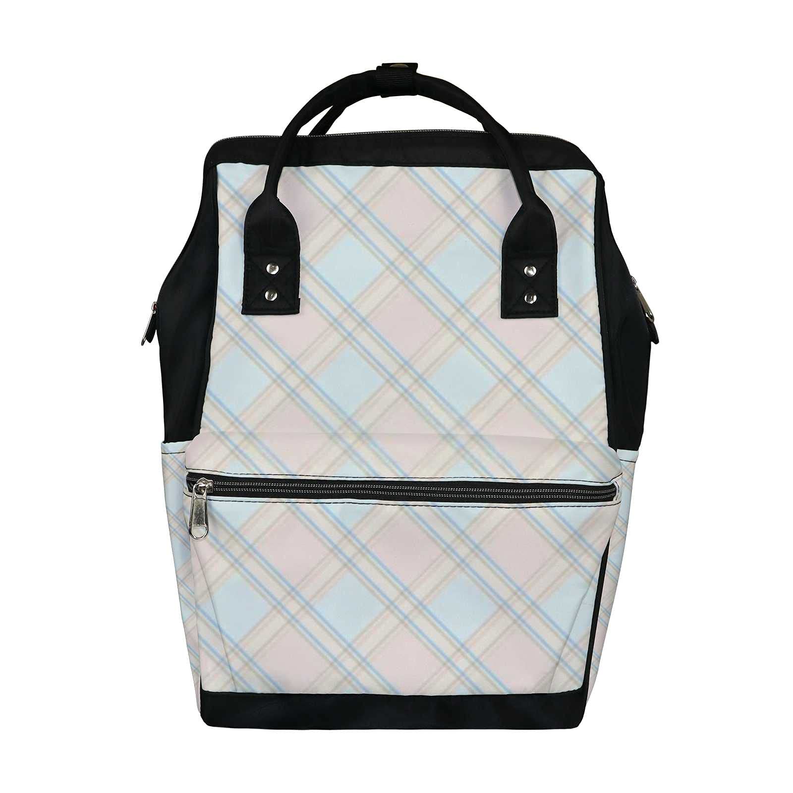 Multifunctional Waterproof Diaper Backpack - Large Capacity Baby Nappy Bag for Travel, Nursing & Outings | Light Pink & Blue Square Diagonal Stripes Design | Perfect for Moms on the Go, Daycare & Family Trips
