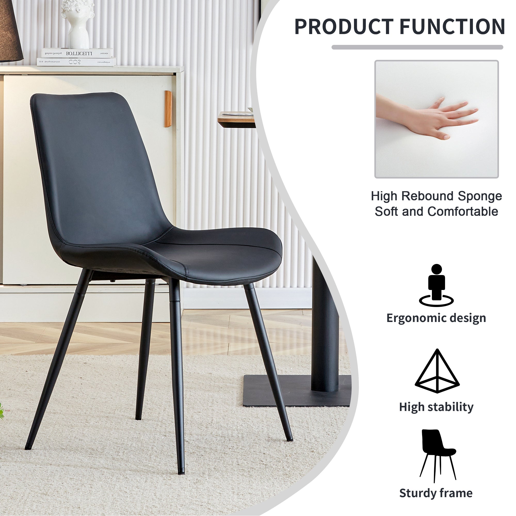 Premium Black Faux Leather Dining Chairs with Metal Legs - Ergonomic Curved Backrest & Wide Cushion for Maximum Comfort - Set of 4 Modern Chairs for Restaurant, Kitchen, Bedroom & Office Use