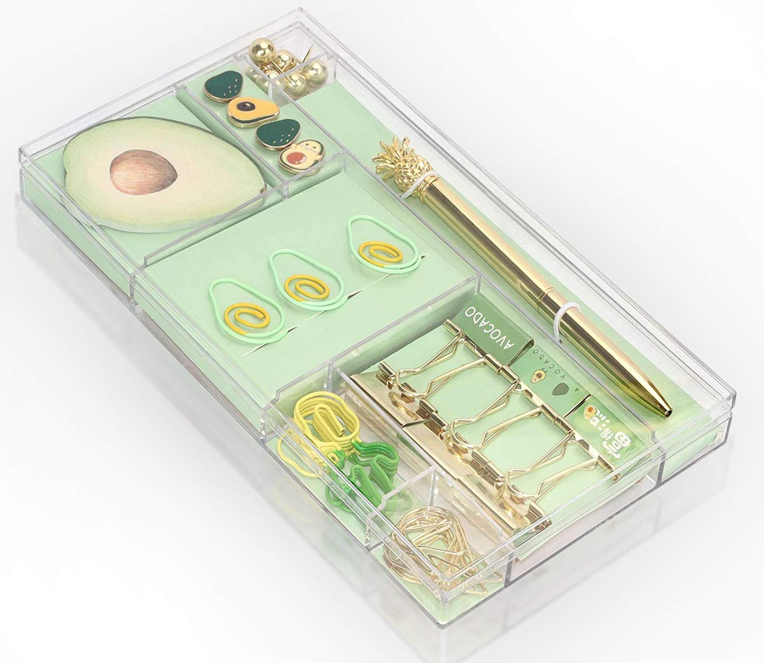 Stylish Avocado Green Desk Organizer Set - Includes Ballpoint Pens, Paper Clips, Note Paper, Thumbtacks & Binders - Perfect Office Supplies for Women & School Accessories - Great for Home Office, Classroom & Workspace Organization
