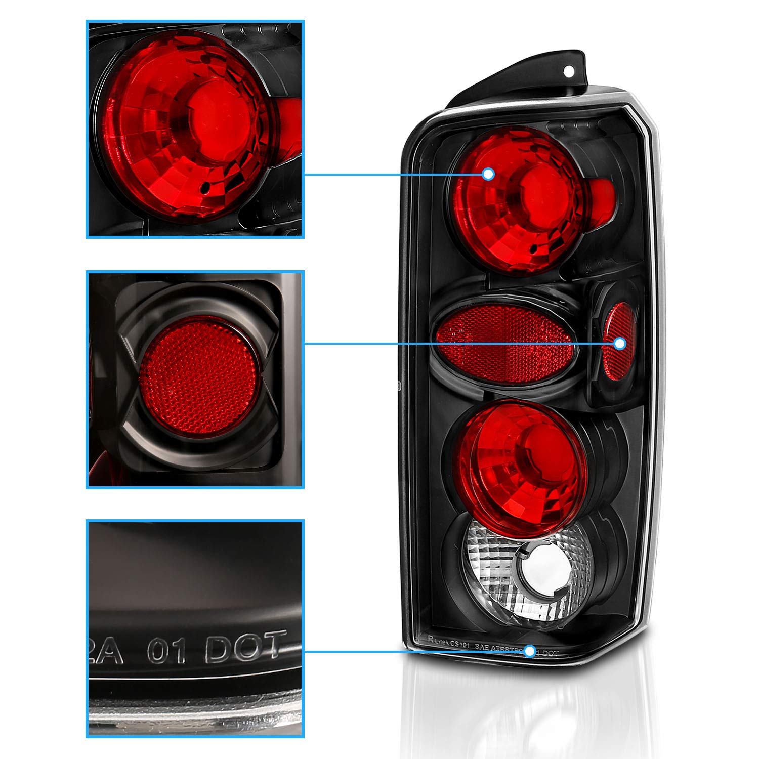 AmeriLite Black Euro Tail Lights for Jeep Cherokee - Left & Right Side Pair - Stylish & Durable Replacement Lights for Off-Road & Night Driving