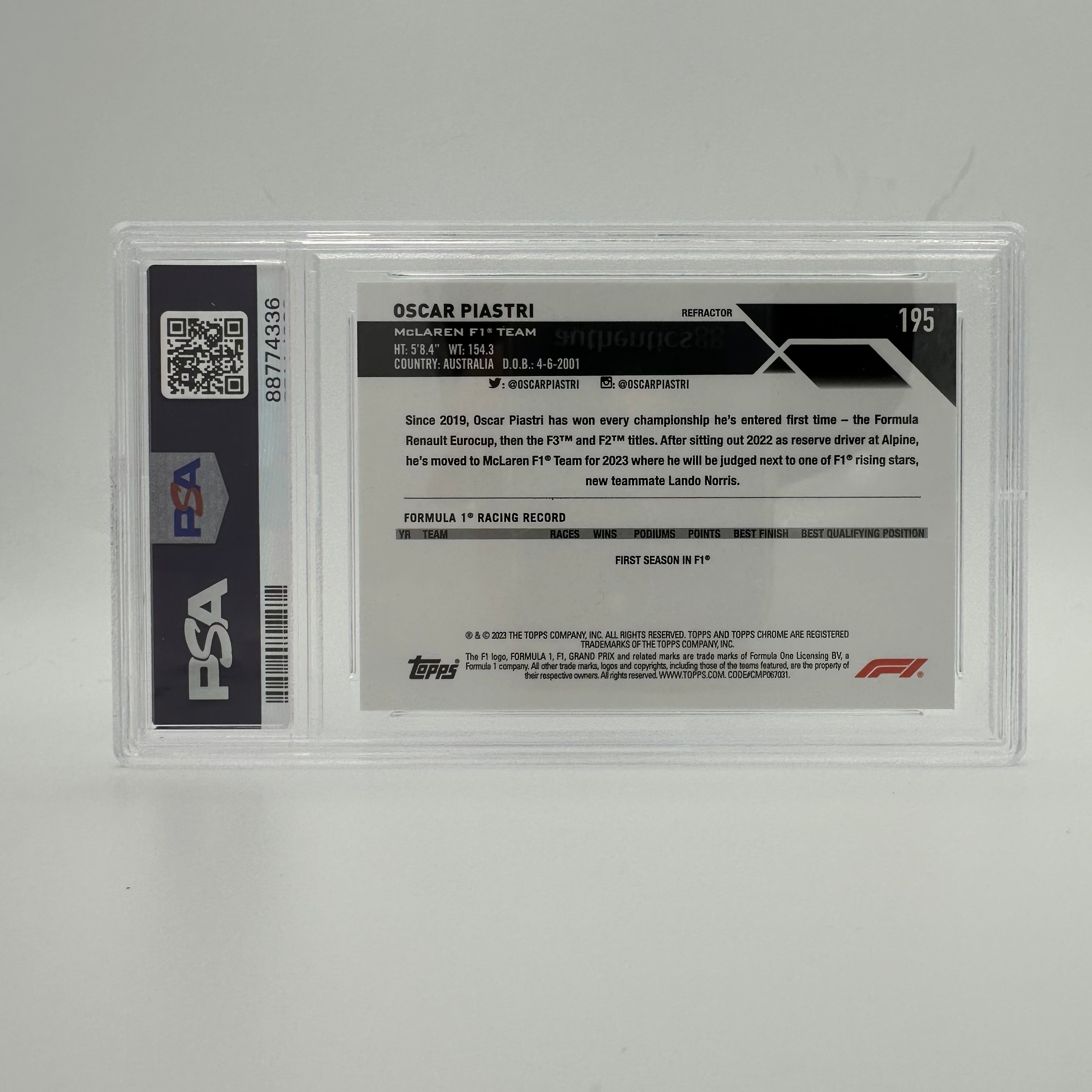 PSA 10 Oscar Piastri #195 Refractor 2023 Topps Chrome Rookie Card - Perfect for Collectors, Sports Memorabilia Enthusiasts & Investment