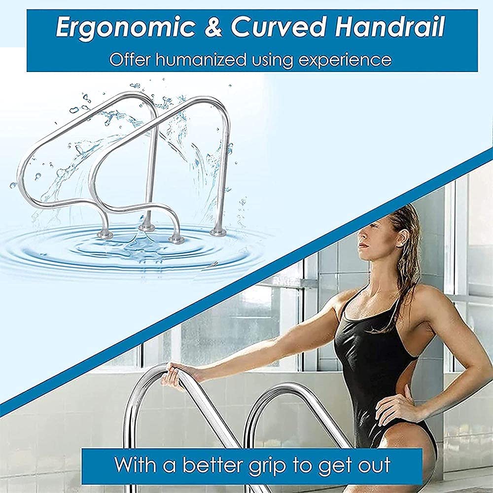 Stainless Steel Swimming Pool Handrails with Flange Base - Quick Install Safety Railings for Inground Pools | Durable Pool Ramp Accessories for Elderly & Kids | Perfect for Backyard, Community & Public Pool Entrances