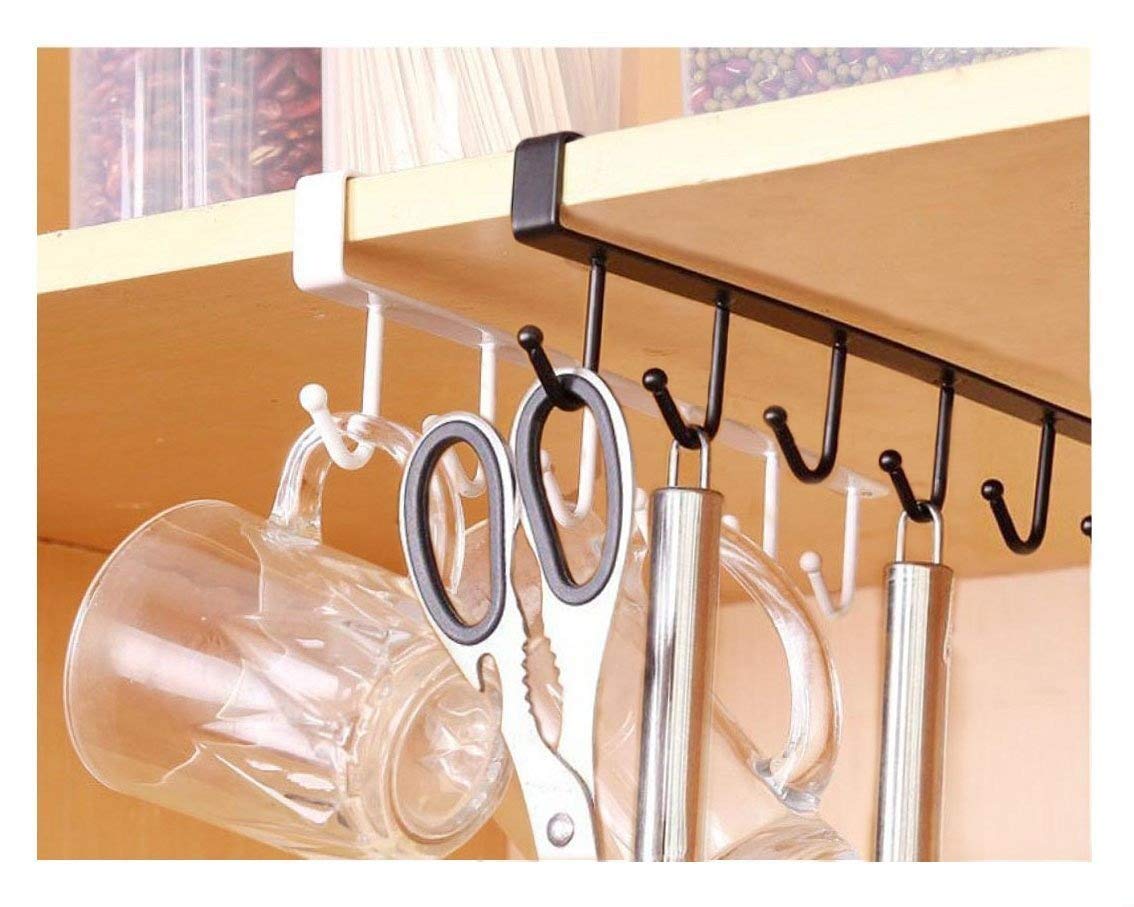 SAKSAA 6-Hook Stainless Steel Door Organizer - Space Saving Mug Cup Holder & Hanger Rack for Kitchen, Cabinet, Bathroom | Perfect for Organizing Coffee Cups, Towels, Keys & More (Black)