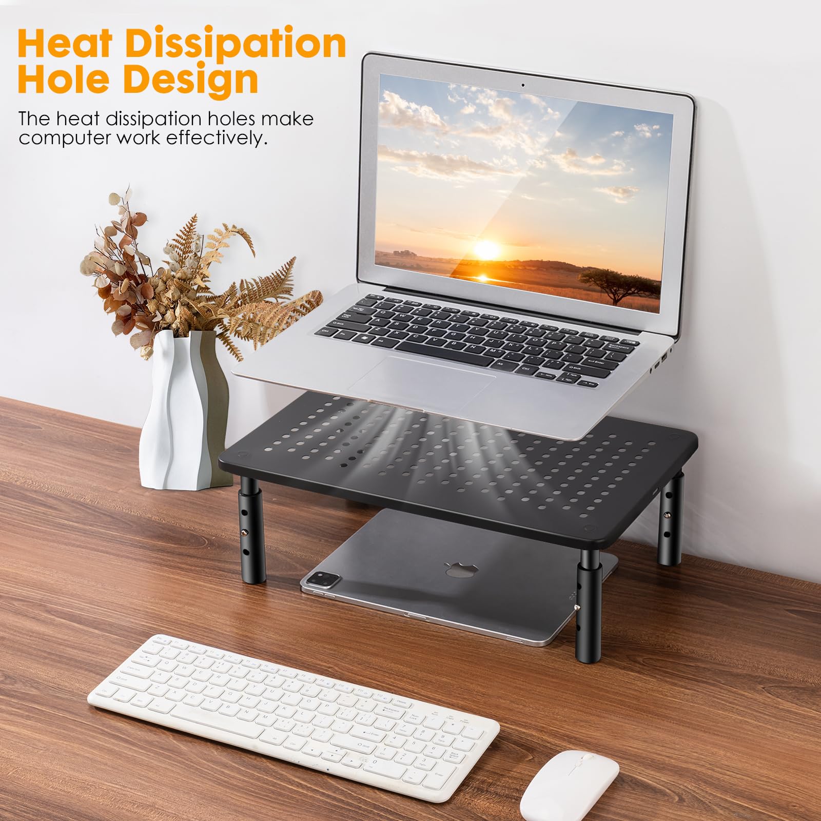 2 Pack Adjustable Metal Monitor Stand Riser for Computer, Laptop & TV - Desk & Floor Organizer with Cable Straps | Perfect for Home Office, Gaming Setup & Workspace Organization