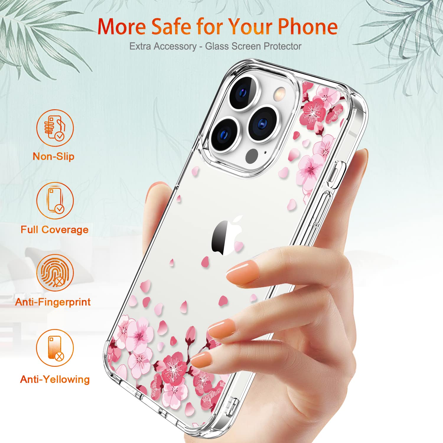 GiiKa iPhone 13 Pro Case with Screen Protector - 6.1 Inch Clear Shockproof Protective Hard Case with TPU Bumper - Floral Design for Women & Girls - Perfect for Everyday Use, Work & Travel (Pink)