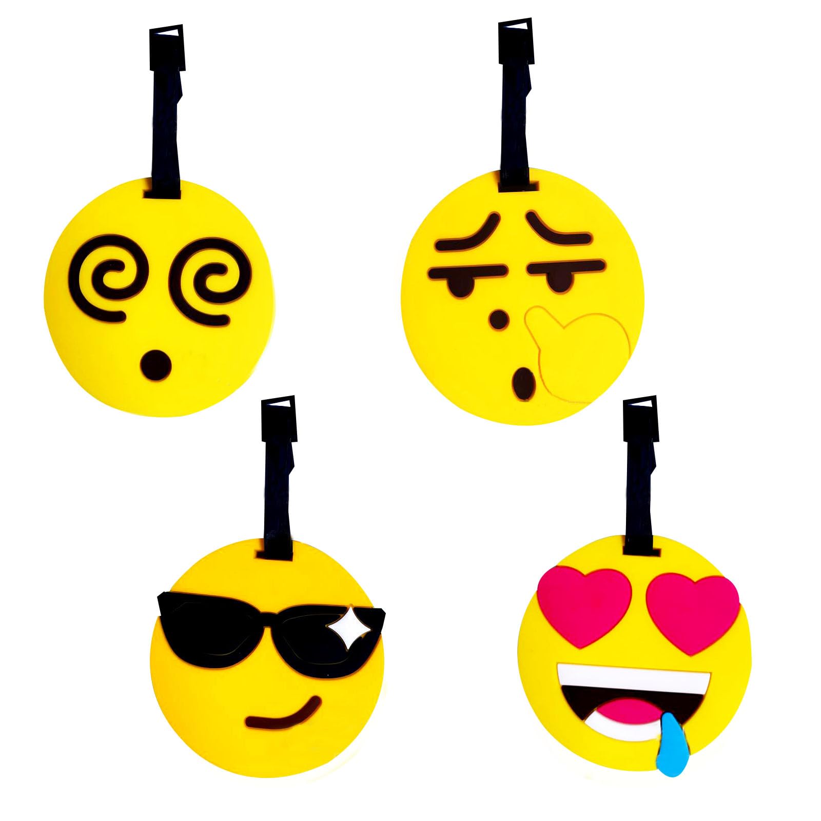 4Pcs Cute Smile Face Luggage Tags for Travel - Funny Kids Backpack Tags, Durable PVC Suitcase ID Tags for Women, Men, Girls & Teens - Perfect Travel Accessories & Gifts for Airplane, Cruise & Vacation (Dizzy-4PCS)