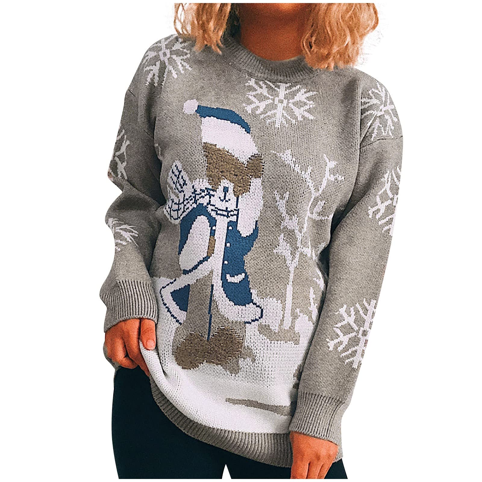 Women's Christmas Sweater - Cozy Snowflake Print Lightweight Cardigan with Round Neck & Long Sleeves | Perfect for Holiday Parties, Gift Giving & Winter Family Gatherings