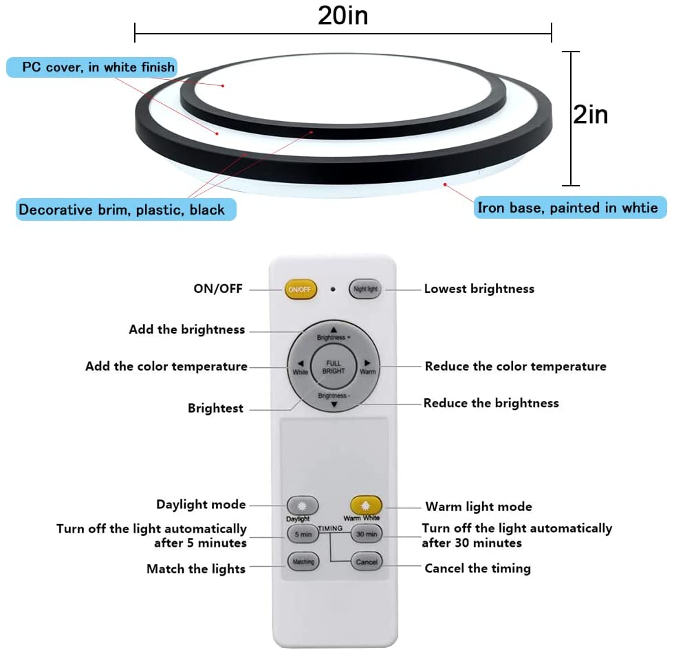 Depuley 48W Dimmable LED Ceiling Light Fixture - 20 Inch Round Flush Mount with Remote Control, 3 Color Changing Lights for Dining Room, Living Room, Bedroom, Office & Hotel - Perfect for Modern Home and Commercial Spaces