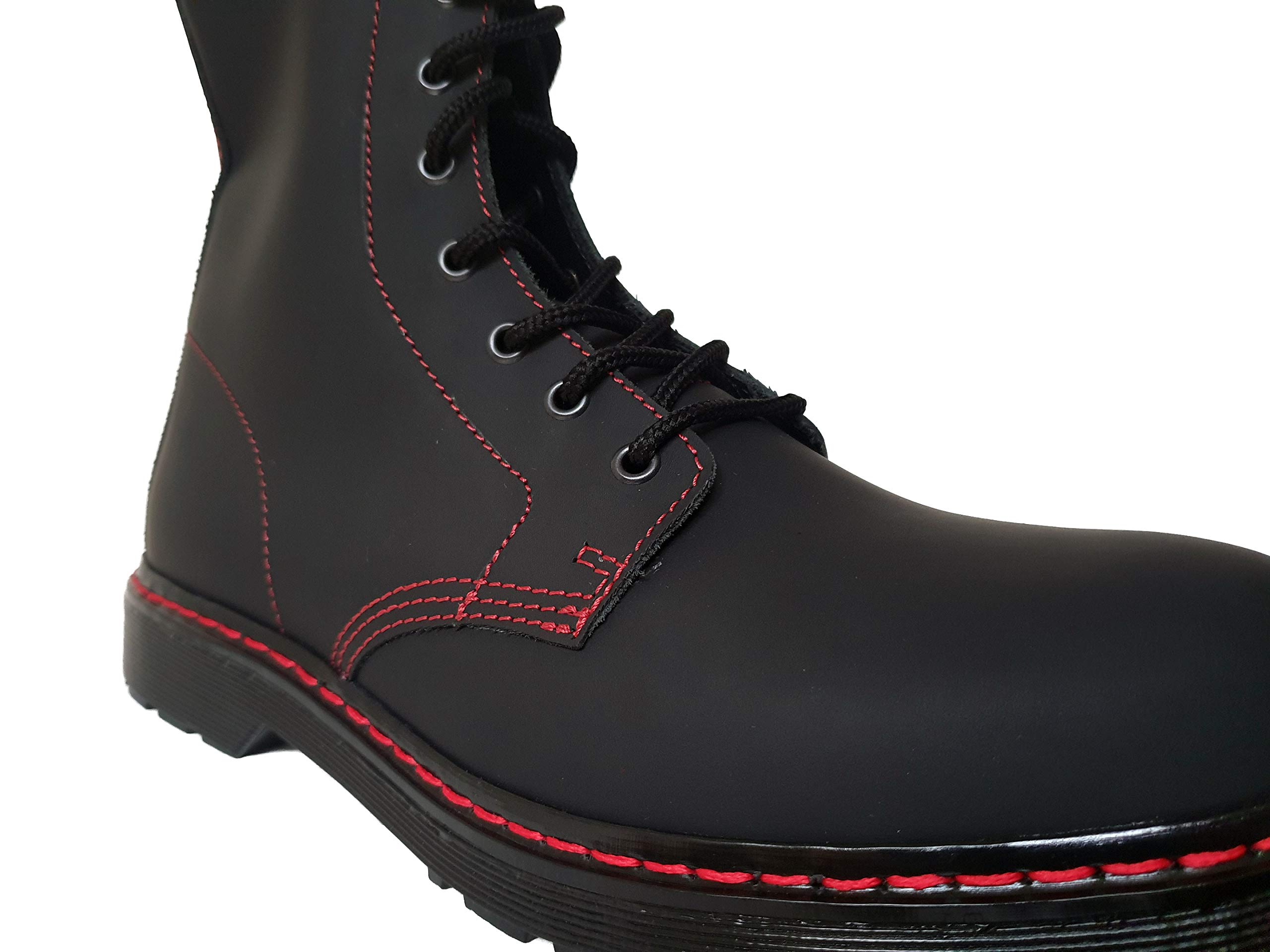Men's 8 Eye Matt Black Boots with Red Stitching - Premium Leather Combat Boots for Punk, Gothic & Workwear Fashion | Perfect for Motorcycle Riding, Concerts & Everyday Wear