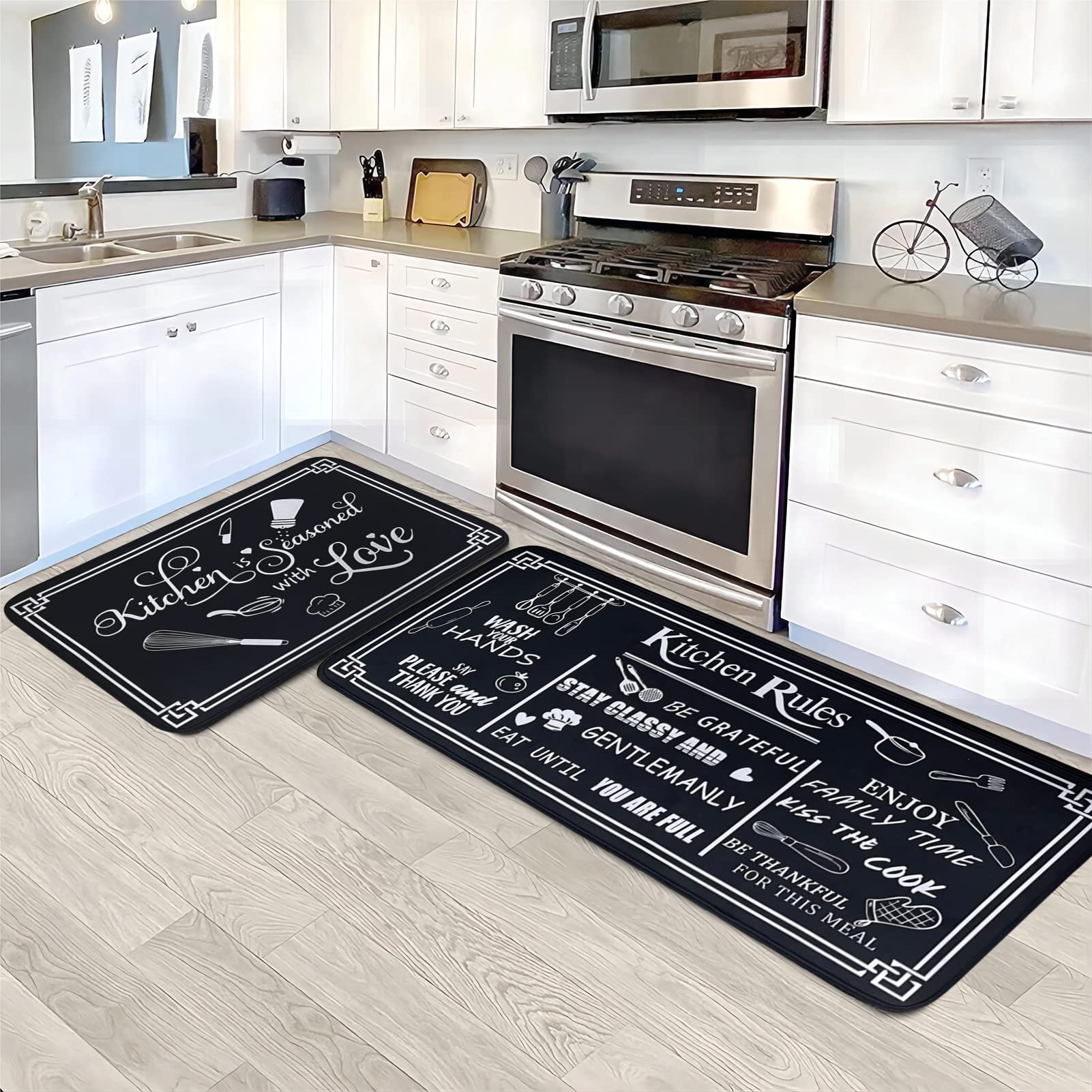 Non-Slip Washable Microfiber Kitchen Rugs Set of 2 - Black & White Kitchen Rules Themed Floor Mats (17