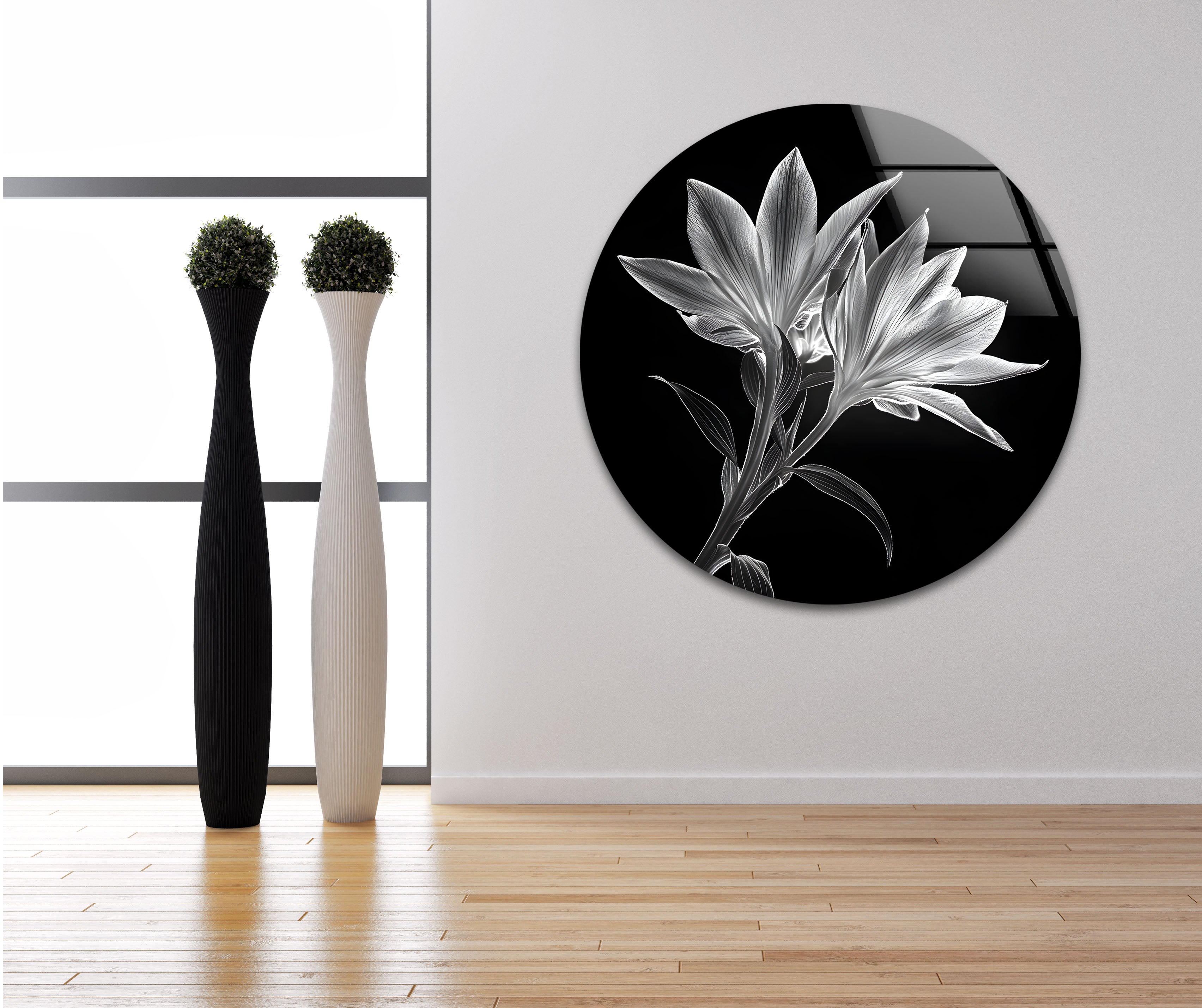 Black and White Xray Lilies Glass Wall Art - Elegant Floral Decor for Living Room, Bedroom, or Office - Perfect for Home and Office Decor