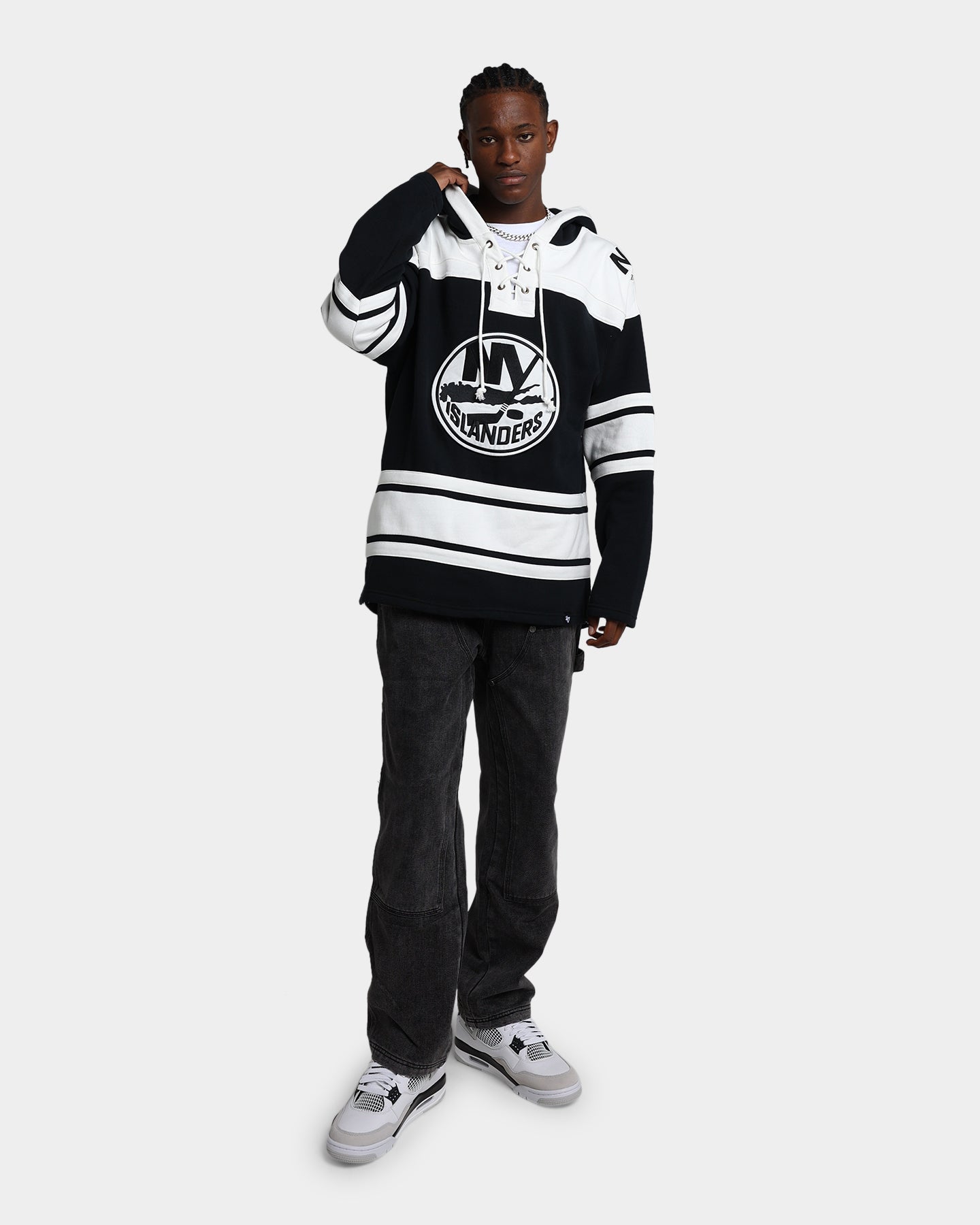 47 Brand New York Islanders Superior Lacer Hoodie - Jet Black NHL Fan Gear for Men & Women - Cozy Winter Wear for Game Day & Outdoor Activities