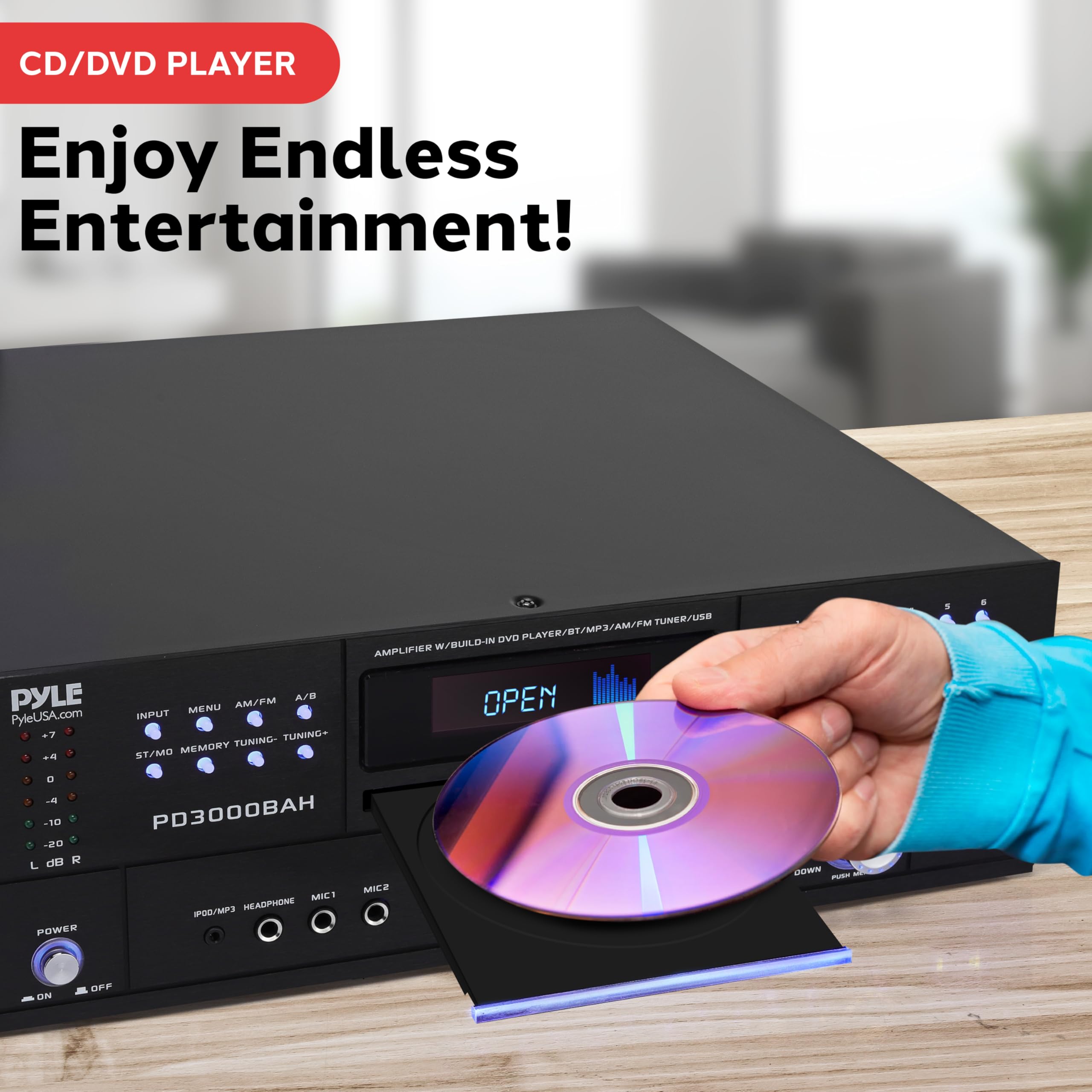 Pyle 4 Channel Wireless Bluetooth Amplifier - 4000W Home Audio Receiver with FM Radio, HDMI, USB, 2 Mic Inputs & Echo for Karaoke, CD/DVD Player - Perfect for Home Theater, DJ Setup, and Live Music Performances
