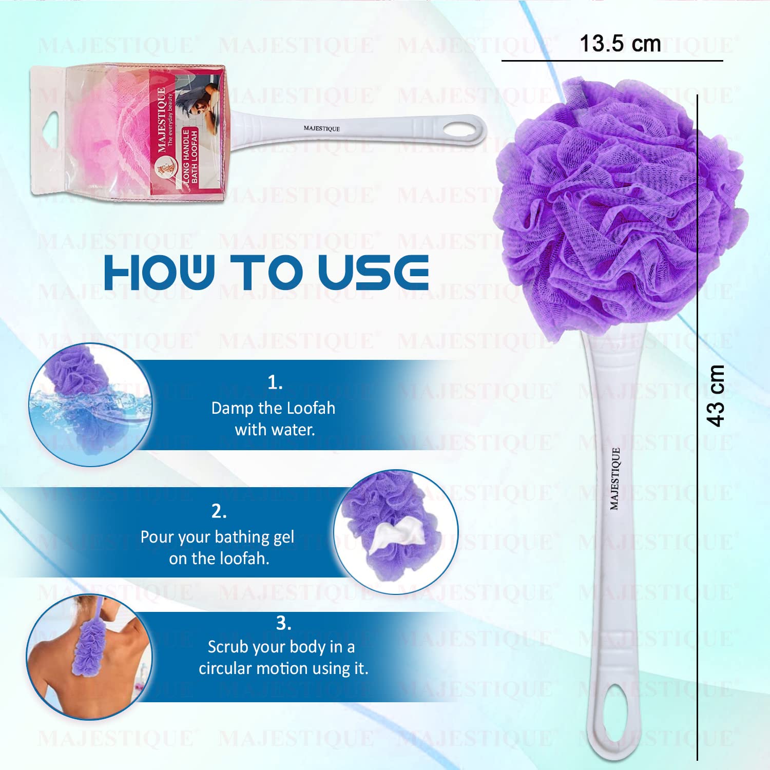 Majestique 3-Pack Long Handle Back Scrubber Brush with Exfoliating Loofah Sponge & 2 Body Wash Puffs - 60g Bath Sponge for Deep Cleansing - Ideal for Men, Women & Elderly - Perfect for Shower, Bath & Spa Relaxation