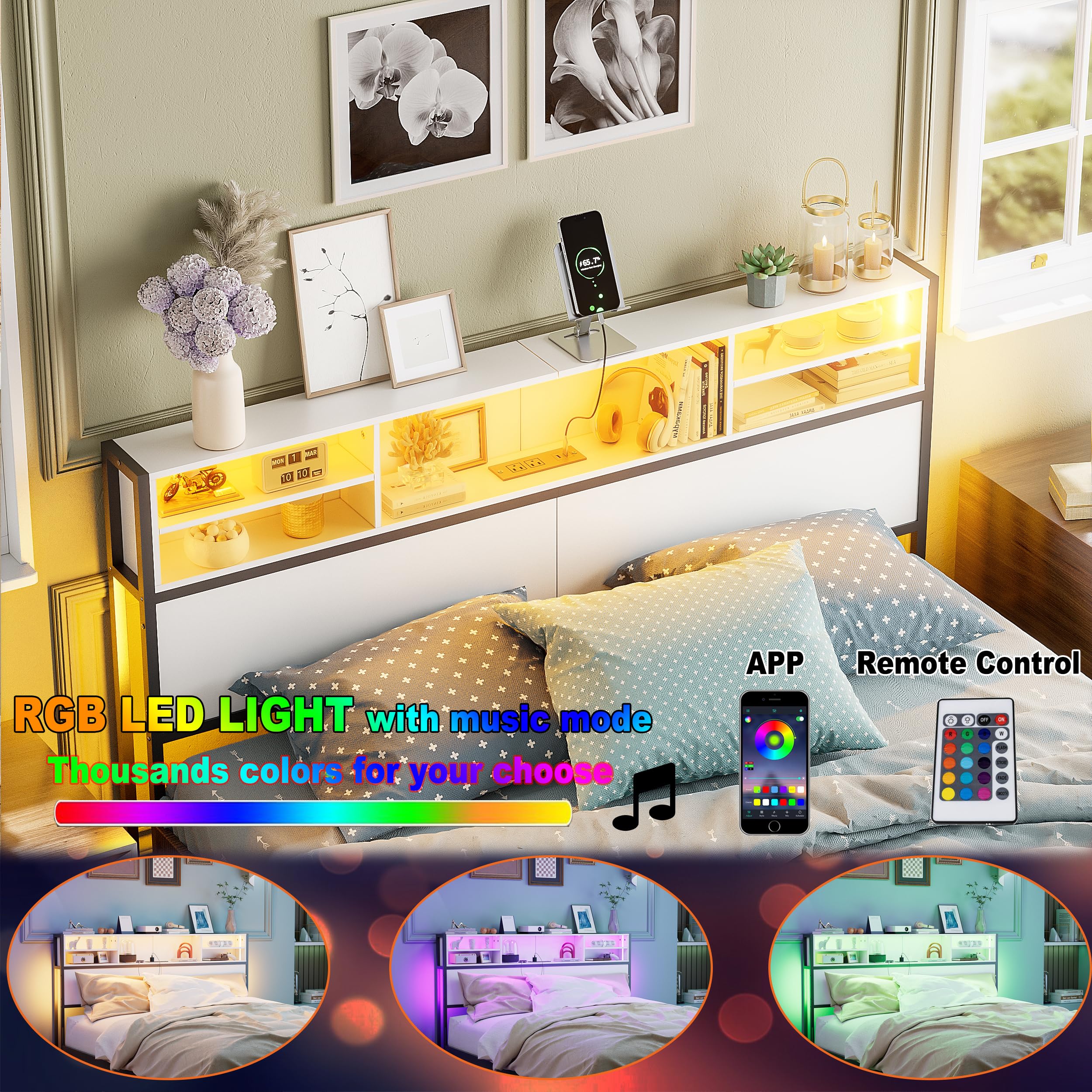 PAKASEPT Queen Size Headboard with USB Ports, Outlets & RGB LED Lights - 4-Tier Storage, Height Adjustable - Modern Bed Headboard for Queen Beds (White) - Perfect for Bedroom Upgrade, Small Space Storage & Nighttime Reading