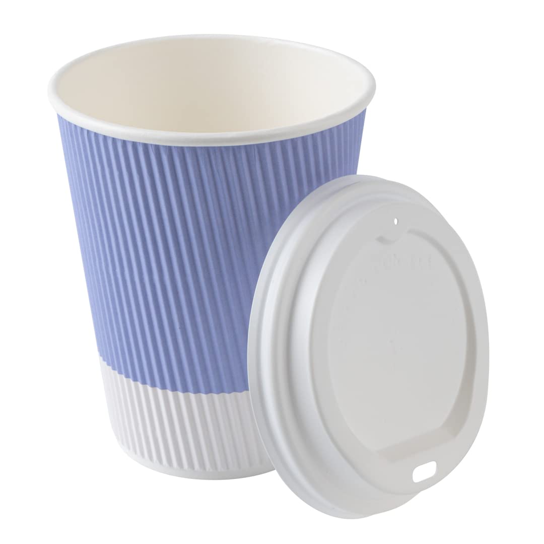 12oz Insulated Coffee Cups with Lids - 200 Pack Leakproof Ripple Wall Hot Cups | Disposable Paper Cups for Tea, Hot Chocolate & Lattes | Durable, Non-Slip Light Purple Design | Perfect for Coffee Shops, Offices & Catering Events