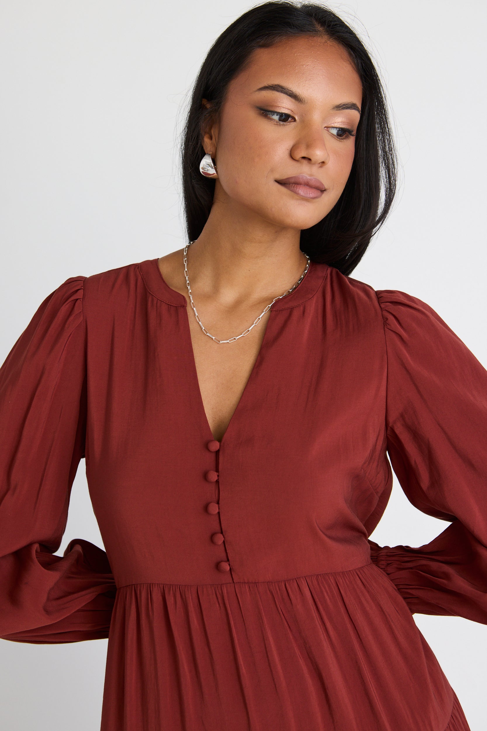 Elegant Copper Long Sleeve Button Front Tiered Maxi Dress for Women - Perfect for Fall Weddings, Holiday Parties & Special Occasions