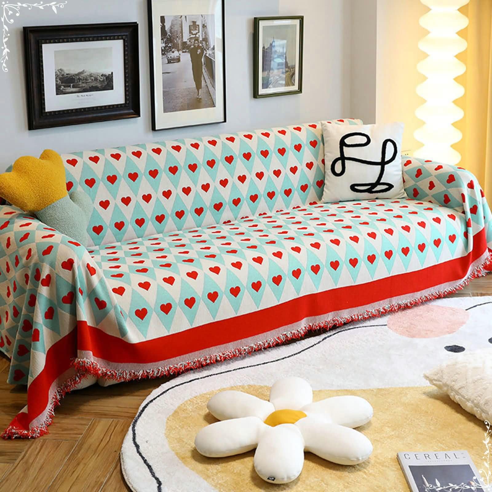Daesar 3-Seater Chenille Sofa Cover with Heart Rhombus Pattern & Tassels - Stretchable Couch Protector, Versatile Blanket for Bedroom, Couch, Travel & Camping (180x300cm, Light Green/Red) - Perfect for Home Decor, Pet Protection & Seasonal Style Updates