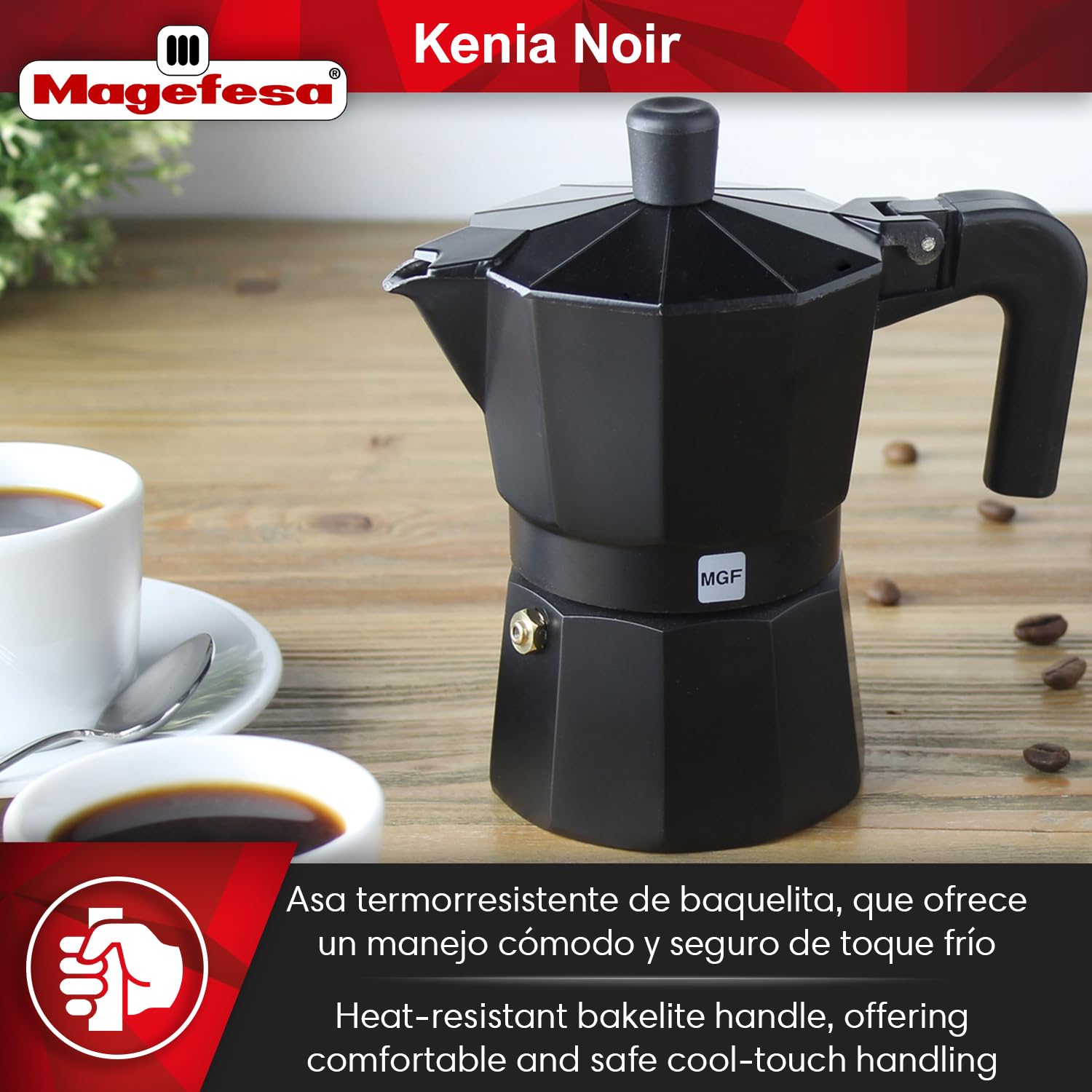 MAGEFESA Kenia Noir Stovetop Espresso Moka Pot - 3 Cup (5 oz) Italian Coffee Maker for Cuban Coffee | Extra-Thick Aluminum with Heat-Resistant Handle | Safe & Easy-to-Use Stovetop Coffee Brewer | Perfect for Home, Office & Camping Coffee Making