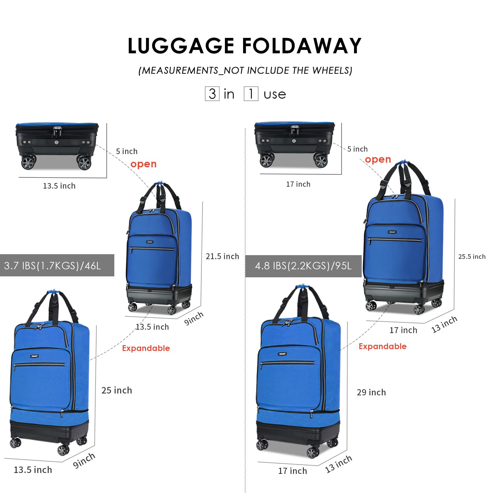 Expandable Foldable Luggage Bag 21-24 Inch - Lightweight Collapsible Suitcase with Detachable Spinner Wheels, Durable Rolling Travel Duffel for Airplane Carry-On & Weekend Trips (Blue)