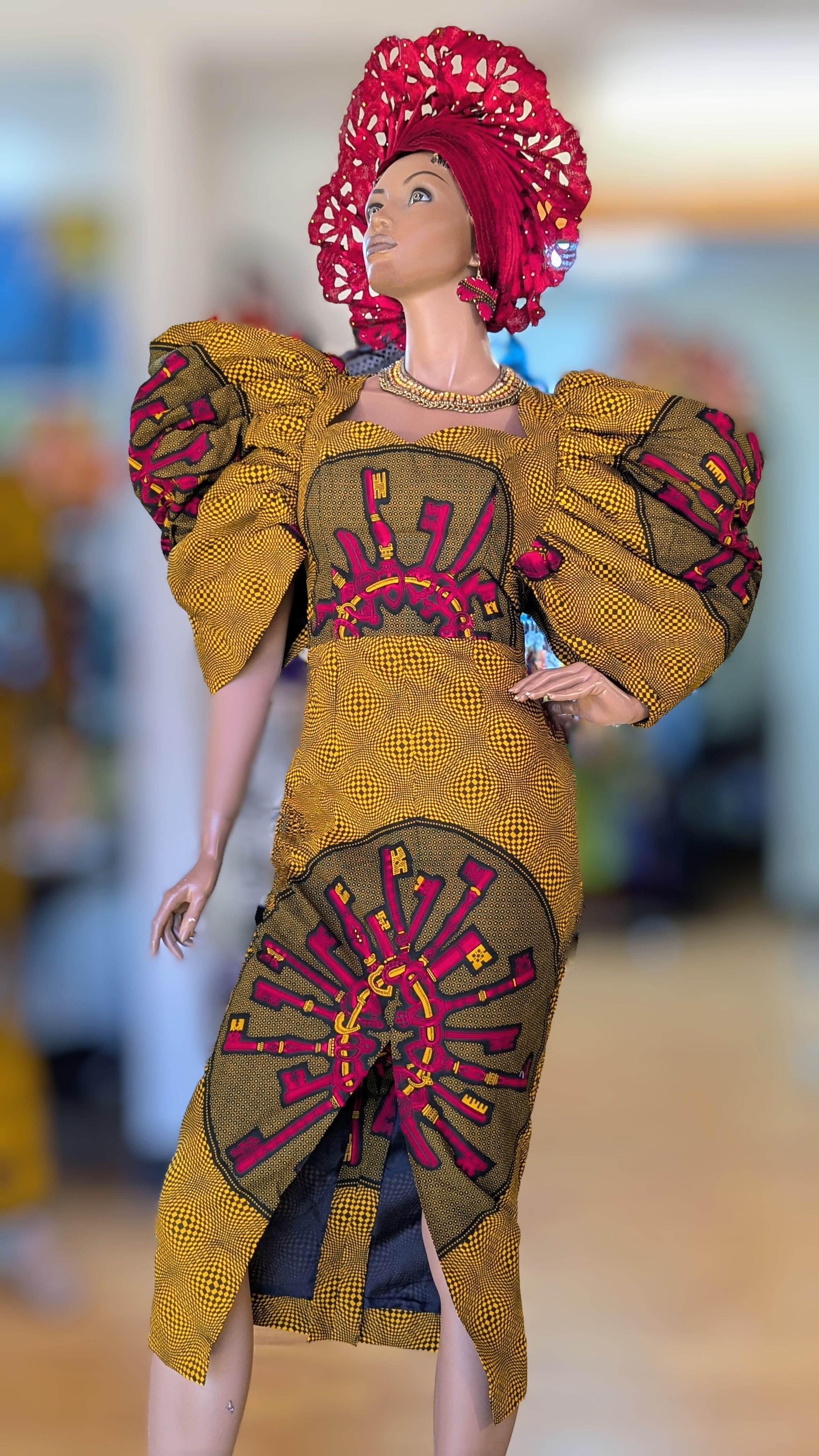 Stylish African Print Ankara Dress with Oversized Sleeves & Keys Pattern - DPAPDK32 - Perfect for Parties, Weddings & Cultural Events