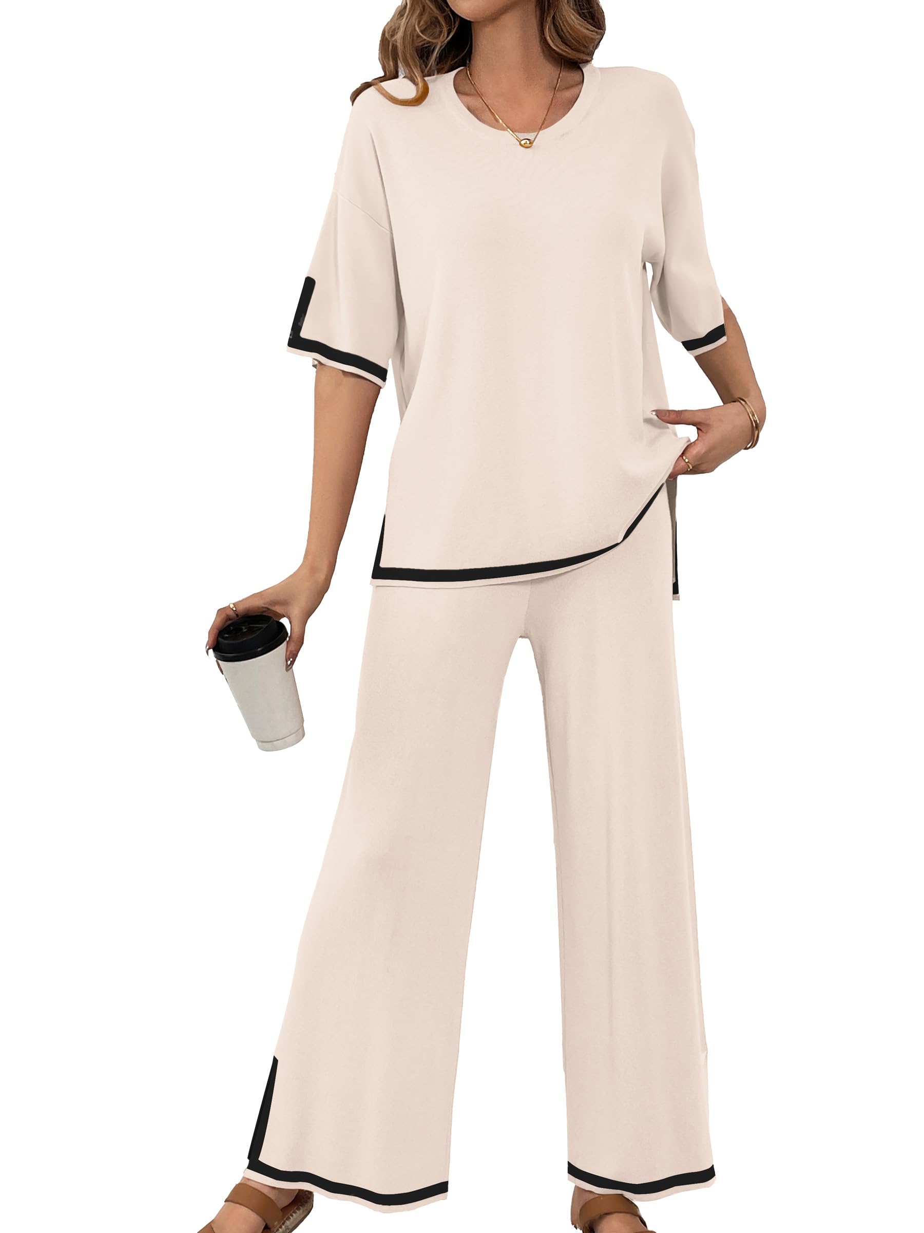 SuperPrity Women's 2-Piece Sweater Set - Short Sleeve Knit Pullover Top & High Waisted Wide Leg Pants Lounge Outfit | Casual Wear, Home Comfort, Street Style Fashion