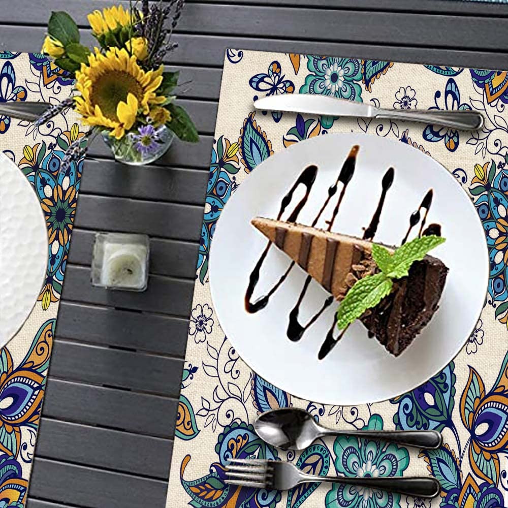 Luxury Floral Placemats Set of 4 - Premium Linen Rectangular Table Mats 18x12 Inch - Elegant Dining Room Decor for Kitchen, Dinner Party & Home Entertaining