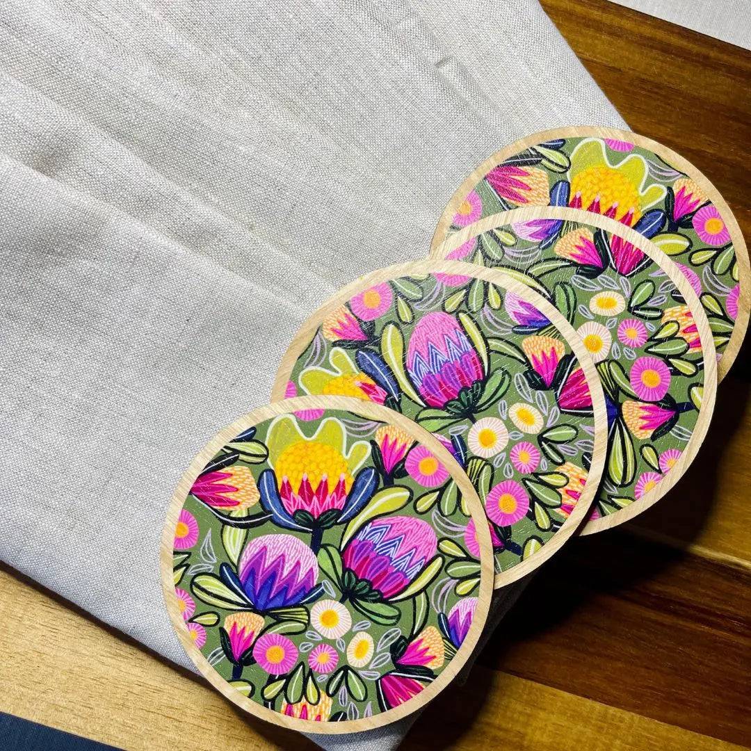 Premium Sugarbush Proteas Wooden Coaster Set with Napkins - Elegant Table Decor for Dining, Coffee Tables, and Home Entertaining