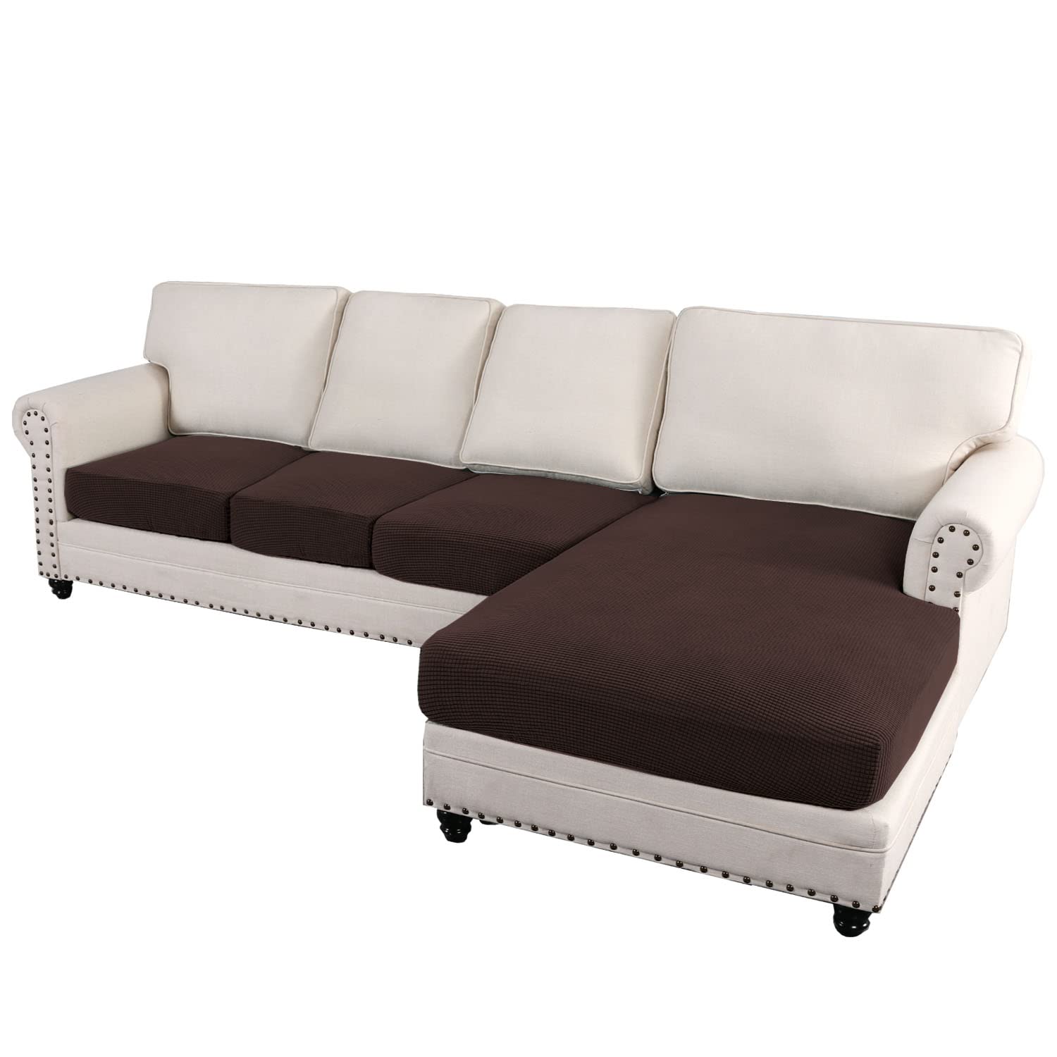 H.VERSAILTEX 4-Piece L-Shaped Sectional Sofa Covers - Reversible Left/Right Chaise Lounge Covers with 3 Seat Cushion Protectors (Chocolate Brown) for Living Room, Family Room & Home Theater Comfort