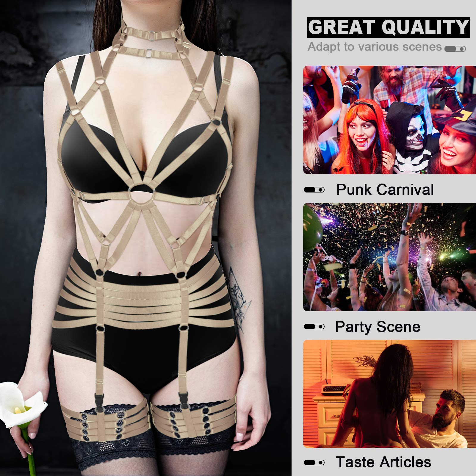 Sexy Women's Gothic Punk Style Full Body Suspenders Bra & Garter Belt Set - Plus Size Lingerie for Festival, Carnival & Boudoir Photography - Black Lace Underwear for Exotic Fashion & Role Play