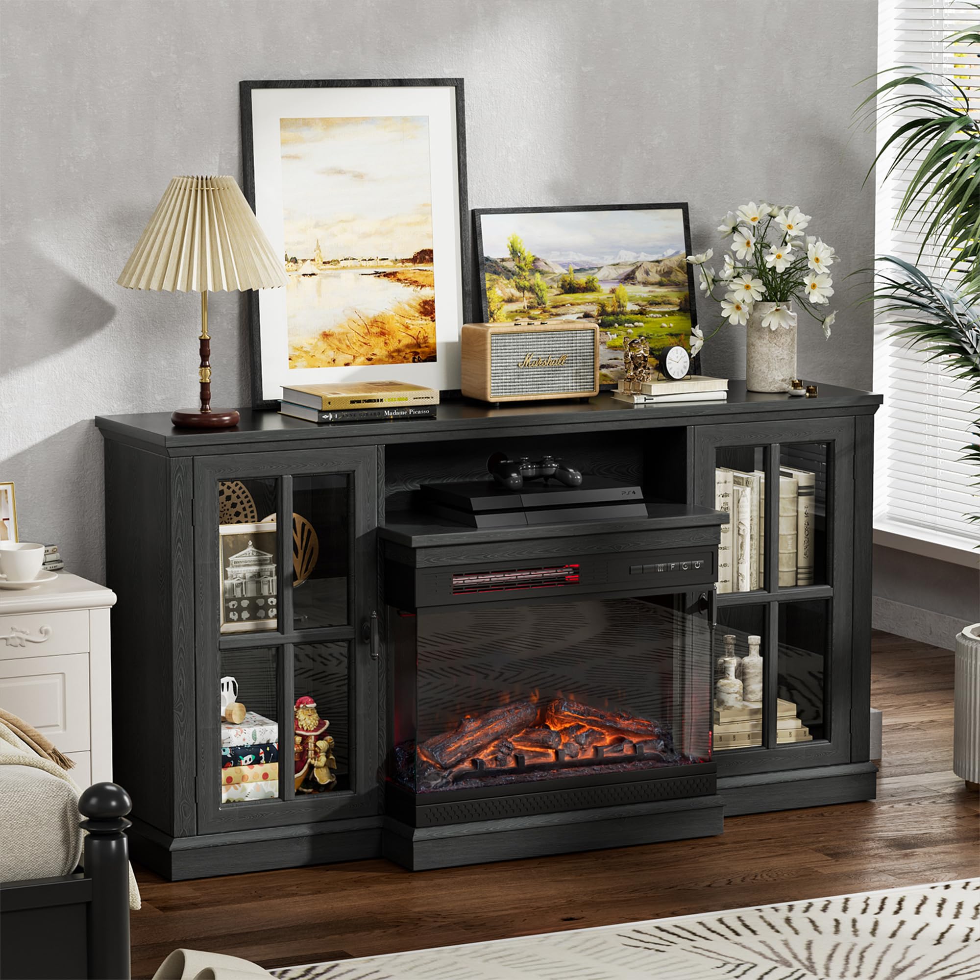 JUMMICO 65 Inch Fireplace TV Stand - 3-Sided Glass Media Console with Storage Cabinet, Adjustable LED Flame Color - Modern Entertainment Center for Living Room, Bedroom & Office (Black)