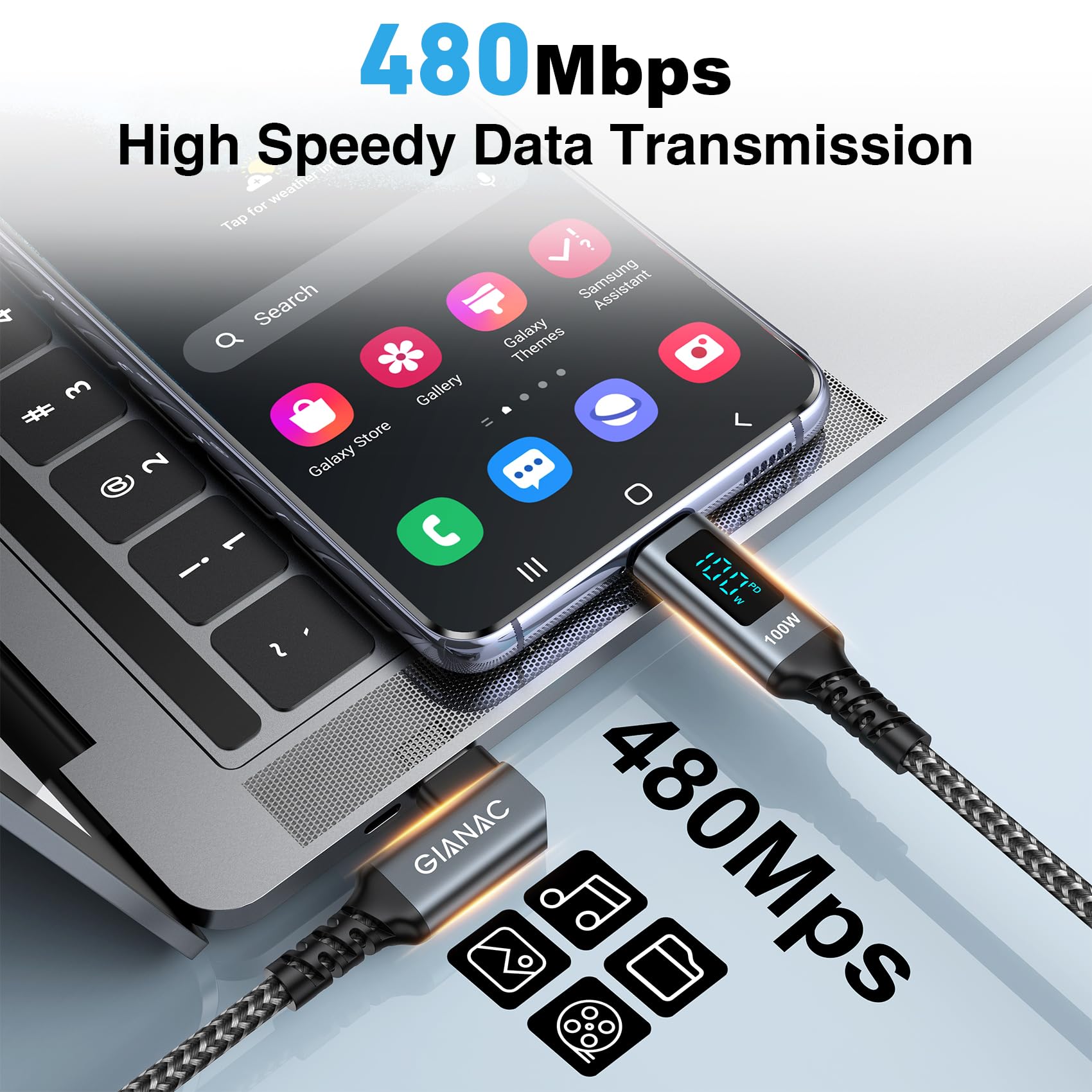 100W USB C to USB C Fast Charging Cable [6.6ft] with LED Display & 90 Degree Angled PD 5A - Compatible with MacBook Pro/Air, iPad Pro, iPhone 15, Huawei, Google Pixel & More - Perfect for Home, Office & Travel Charging