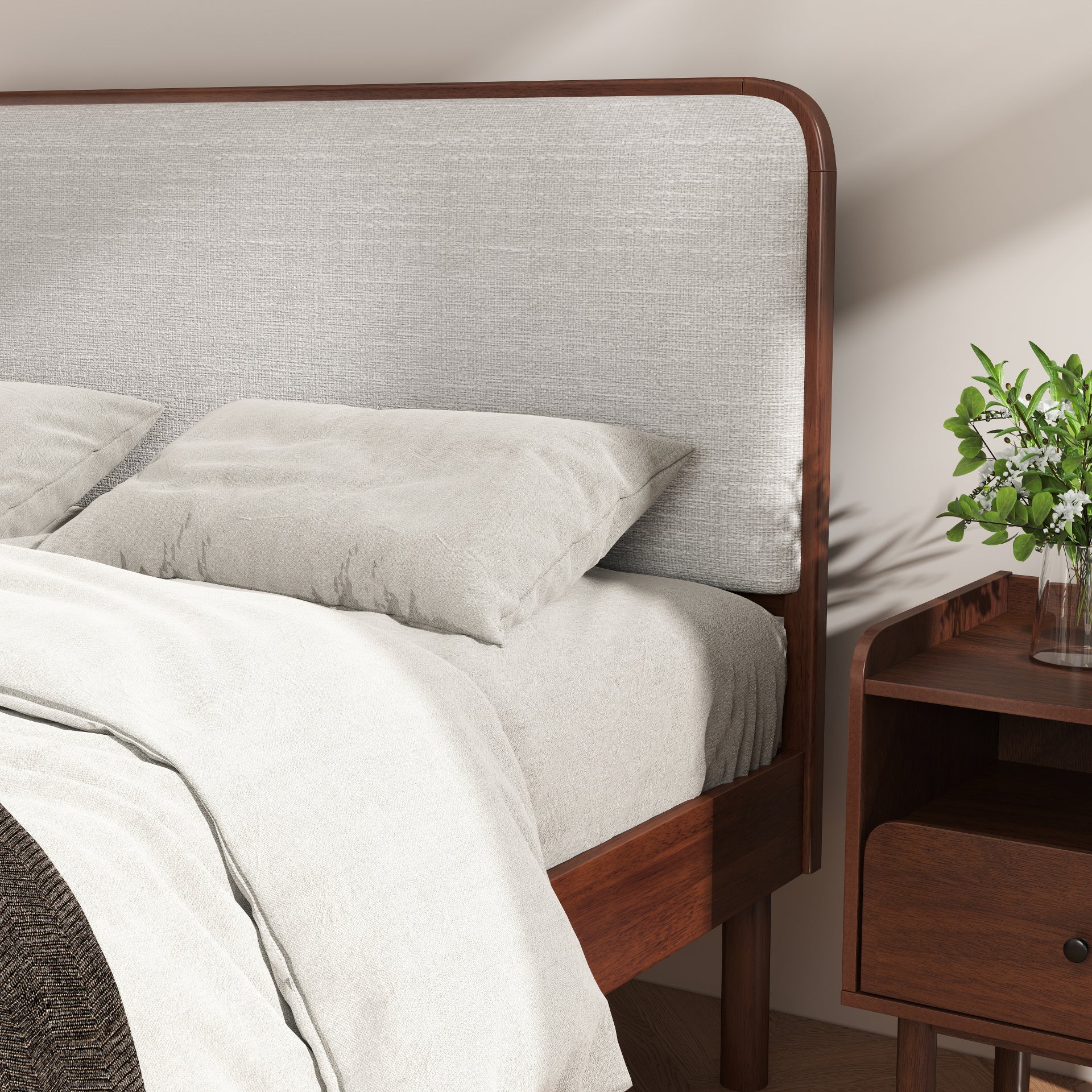 Roundhill Furniture Wyller 3-Piece Queen Bedroom Set - Platform Bed with 2 Nightstands in Natural Walnut Finish | Modern Bedroom Furniture for Small Spaces & Guest Rooms