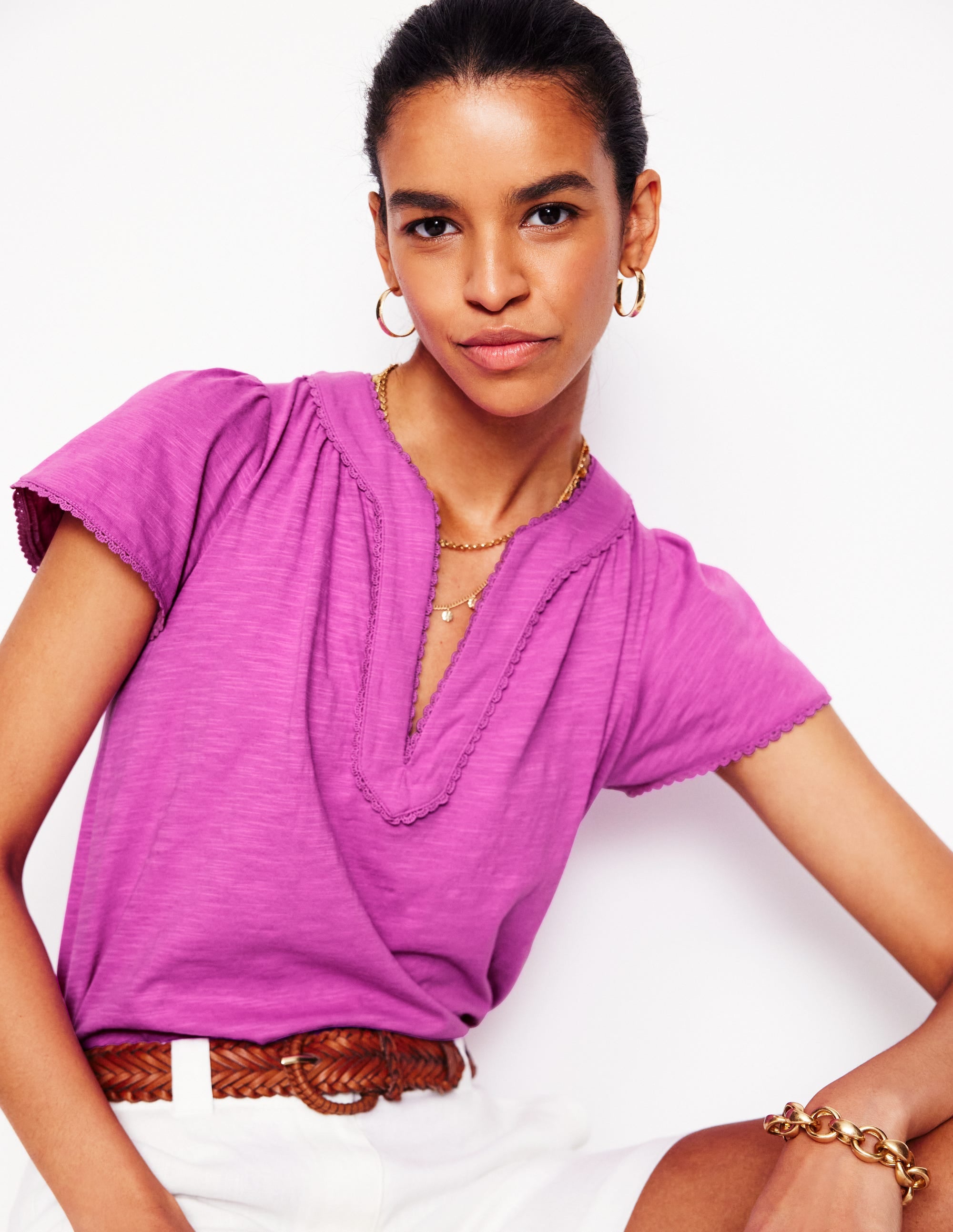 Ava Short Sleeve Women's Blouse in Radiant Orchid - Flattering Casual Top for Work, Date Night & Summer Outings