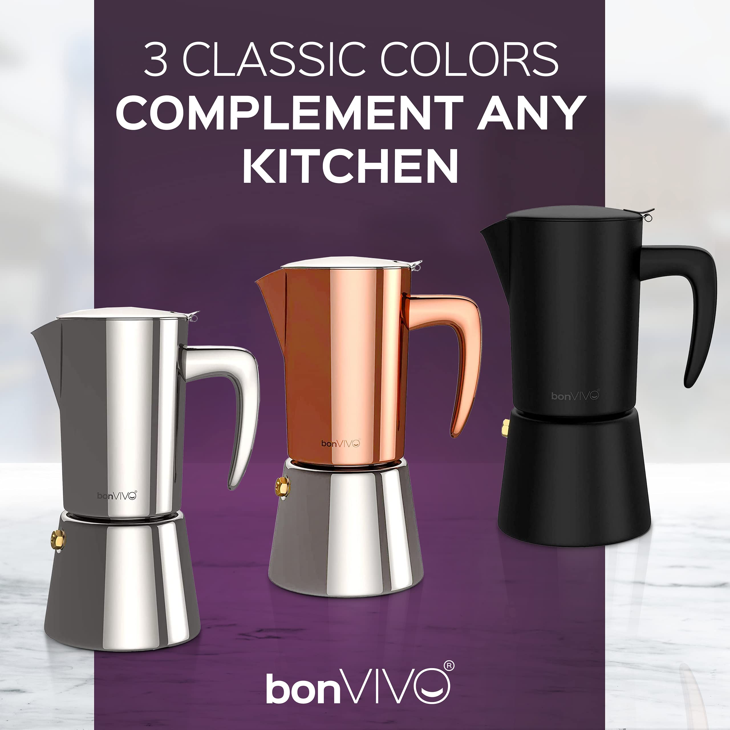 bonVIVO Intenca Stovetop Espresso Maker - Premium Stainless Steel Italian Moka Pot for Rich Coffee - 6 Cup Capacity (10oz) - Perfect for Camping, Home & Office Use - Durable Copper Finish