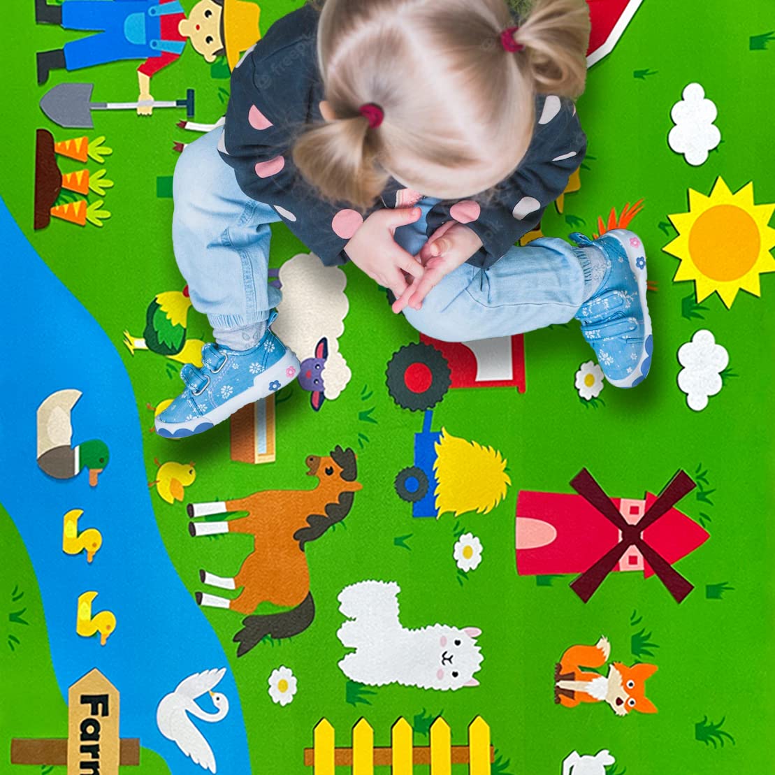 Farm Animals Felt Board Play Set - 61 Pcs Farmhouse Themed Wall Hanging Kit for Kids | Toddler Birthday Gift & Storytelling Activity