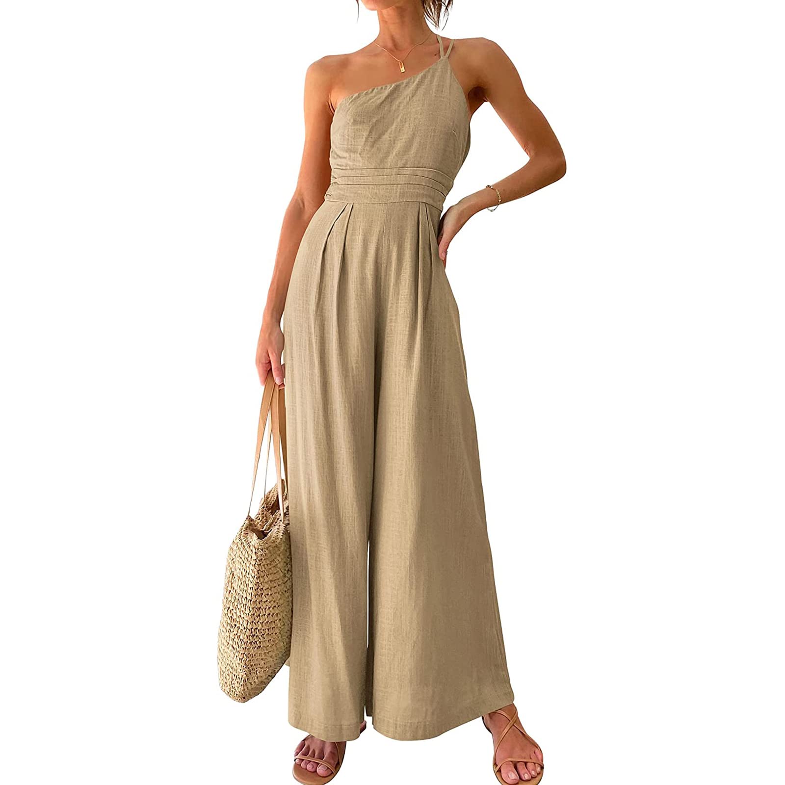 Karwuiio Women's Casual Loose Spaghetti Strap Jumpsuit Romper - One Shoulder Sleeveless Wide Leg High Waist Summer Outfit for Beach, Vacation & Party Wear