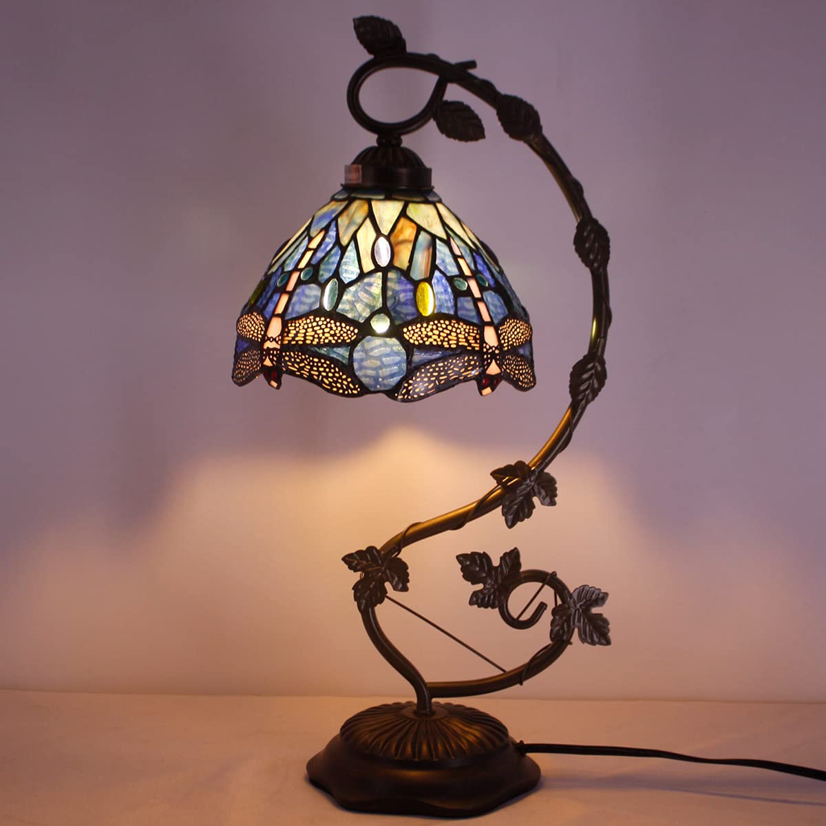 WERFACTORY Tiffany Style Dragonfly Table Lamp - Blue Stained Glass with Metal Leaf Design, 8x10x21 Inches - Perfect for Bedroom, Home Office & Small Space Decor | Reading Light & Ambient Lighting for Cozy Atmosphere (S631 Series)